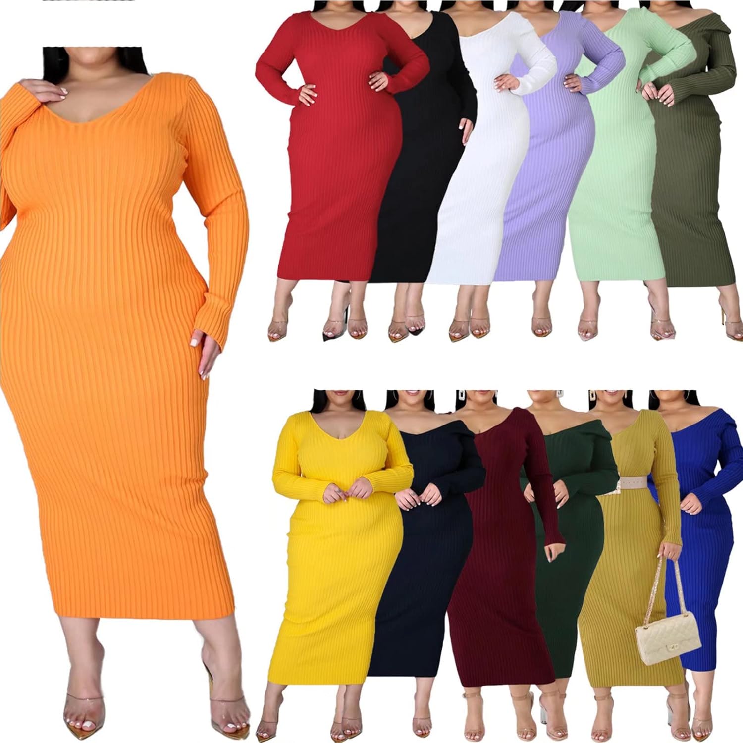 Women's Plus Size Sexy Stretchable Long Sleeve Maxi Sweater Off Shoulder Knit Slim Fit Dress - Image 4