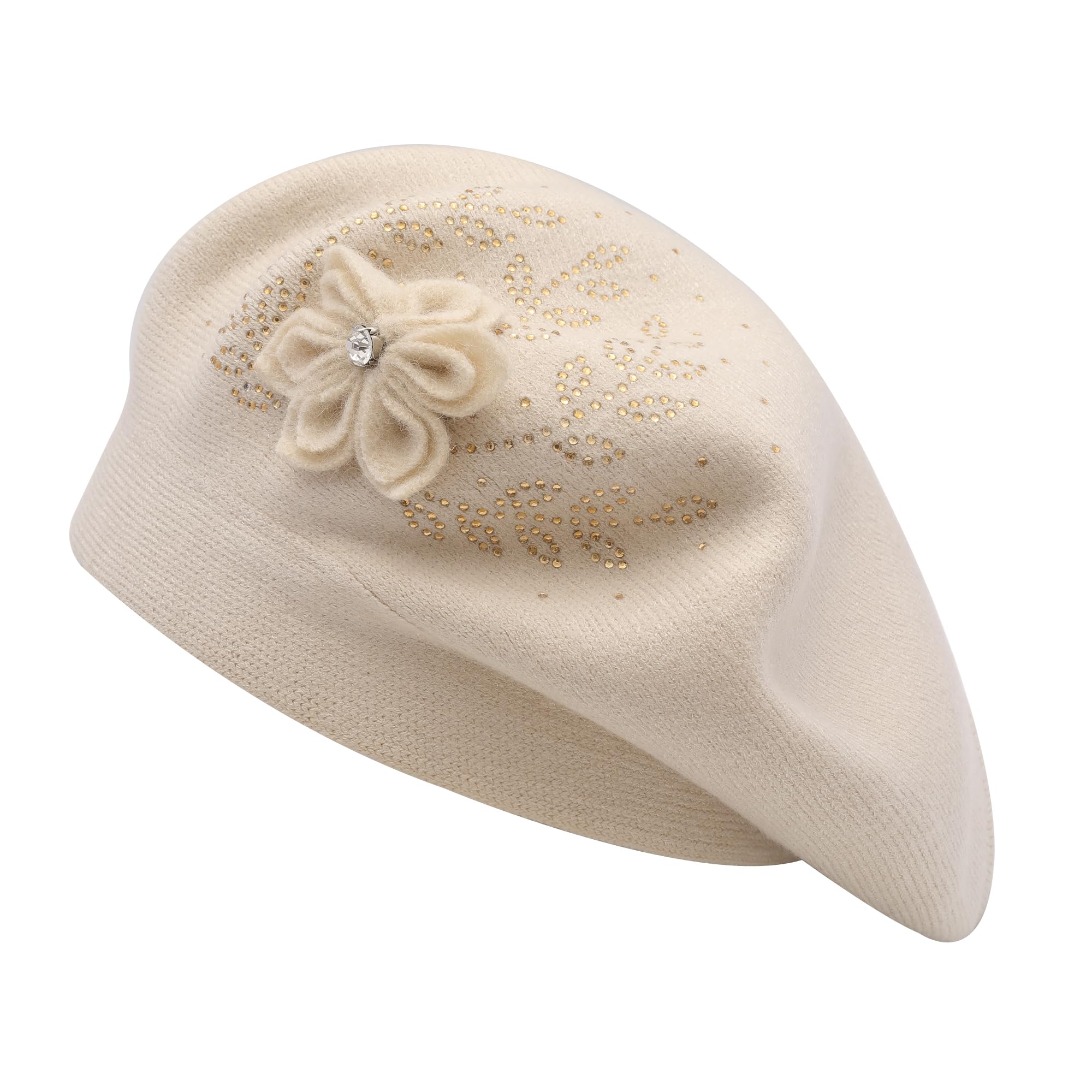 ZLYC Women French Beret hat Reversible Solid Color Floral Warm Knitted Beret Cap(Solid Beige),One Size