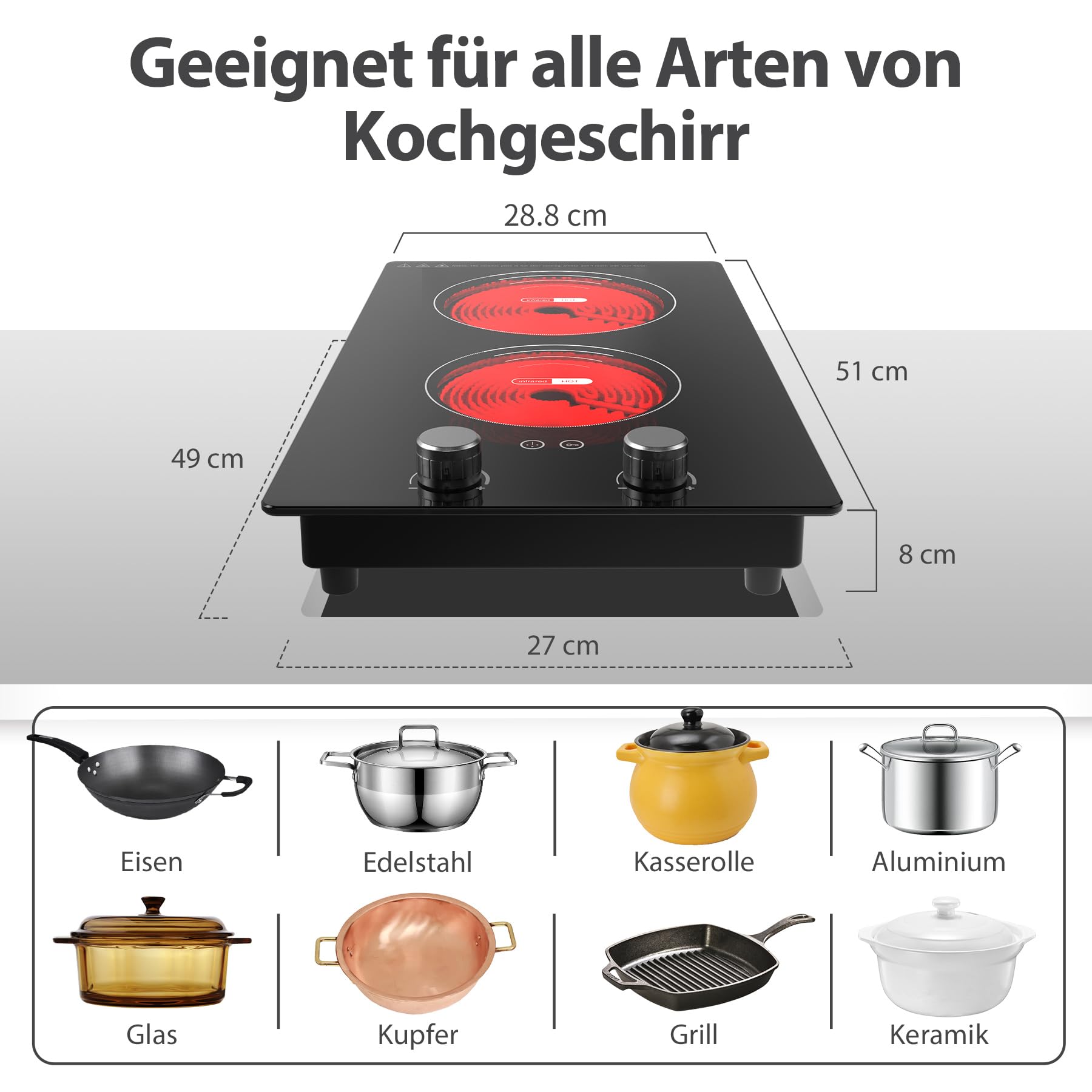 VBGK Glaskeramikkochfeld 2 Platten 29cm 3000W 2 Kochzonen 9 Heizstufen Berührungssteuerung Kindersicherung Timer