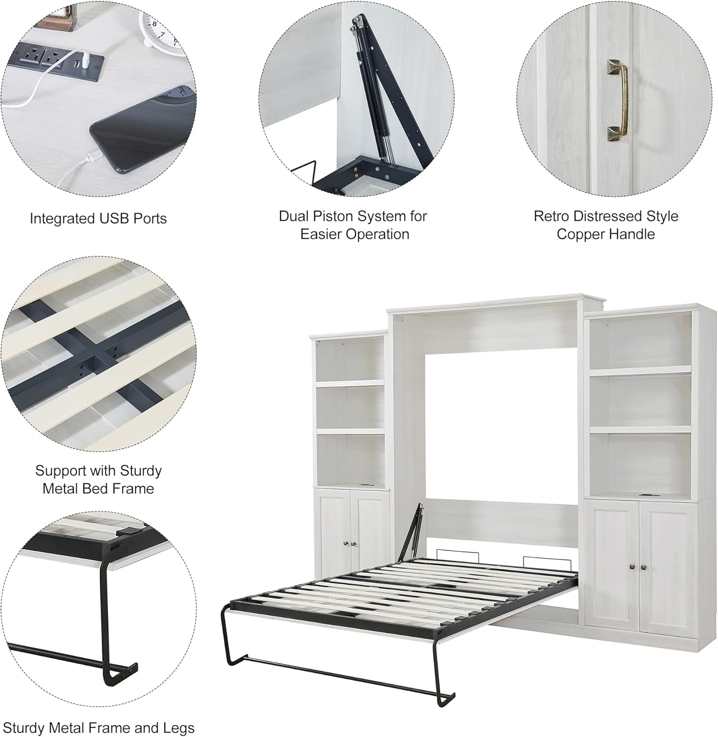 KLMM Queen Size Murphy Wall Bed with 1 Side Cabinet Storage Shelf, Space-Saving Bed Perfect for Guest Room, Home Office (Rustic White@Shelf, Queen)