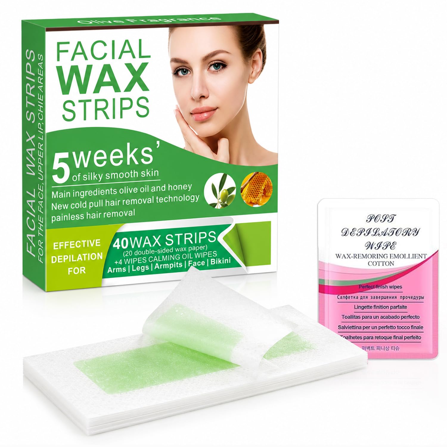 Facial Wax Strips for Women – 98% Natural Cold Wax Strips for Face & Eyebrows, Gentle Hair Removal for Upper Lip, Chin & Peach Fuzz, Hypoallergenic for Sensitive Skin, 40 Strips + 4 Wipes 1 Count (Pack of 40)