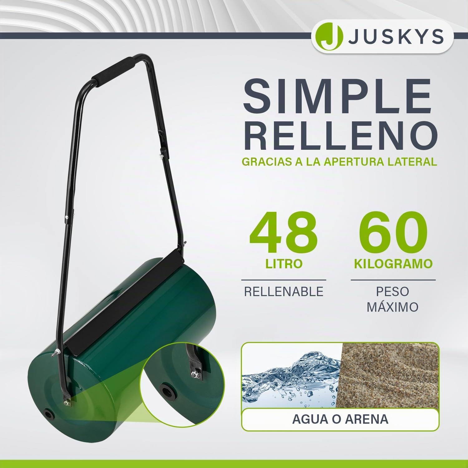 Juskys Rodillo de césped jardín Fritz con Deflector de Suciedad - Rodillo Manual rellenable de Agua/Arena - 48 l / 60 kg - Rodillo de jardín de 60 cm - Rodillo para césped y Campo