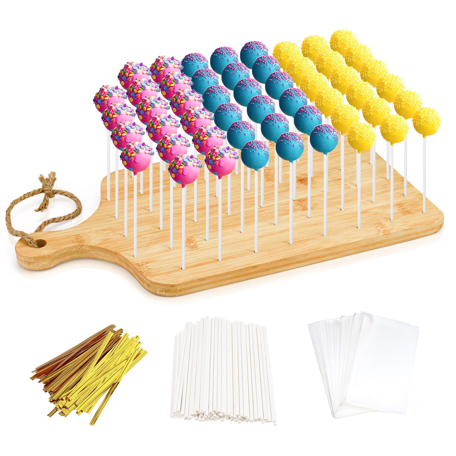 Premium Bamboo Cake Pop Stand with 52 Holes, Includes 90 Cake Pop Sticks and Wrappers Lollipop Holder for Birthdays, holidays, Weddings Cake Pop Stand for Drying and Displaying Cake Pops (52 holes)