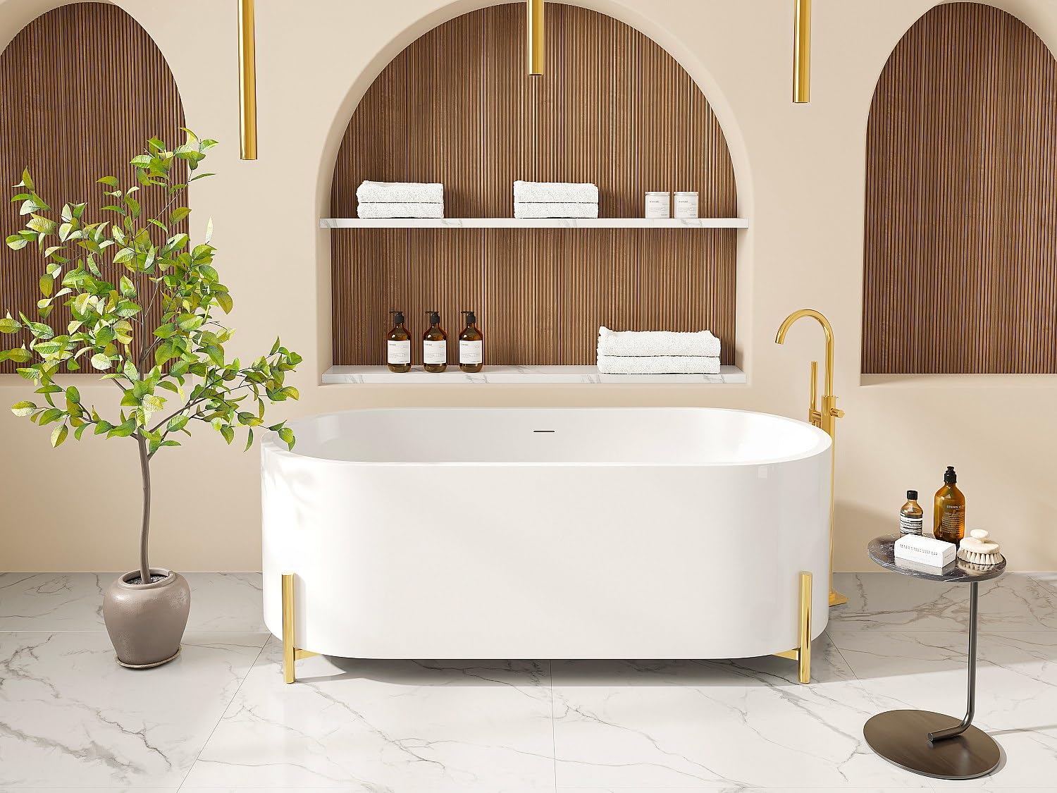 Vente-unique-Freistehende Badewanne oval - mit goldfarbenen Füßen - Weiß - 160 x 73,5 x 59 cm - ALONSA
