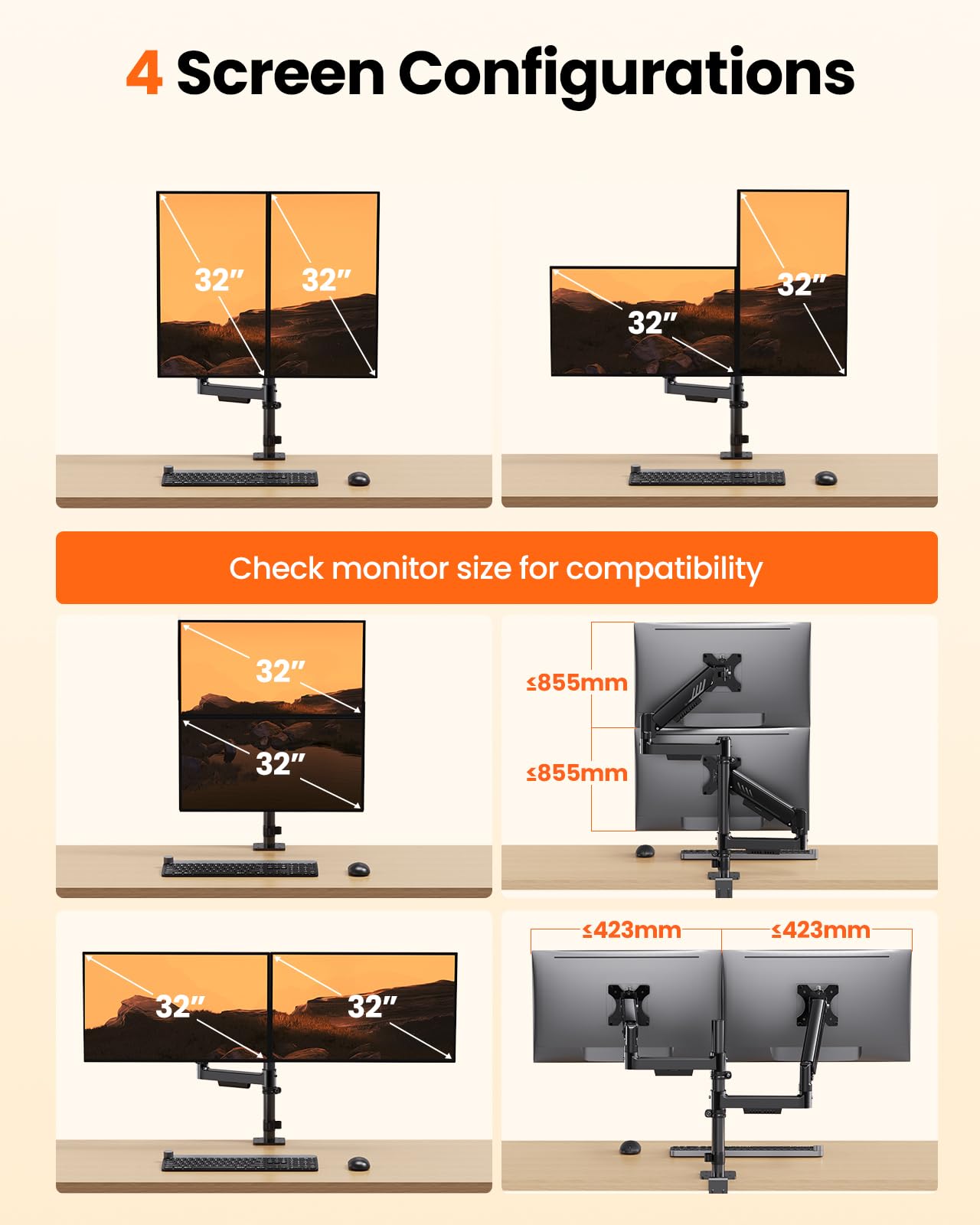 ErGear Support Ecran PC, Support Empilé pour Écrans 13 à 32 Pouces, 9 kg par Bras, Stabilité Améliorée avec Pince en C Intégrée, Gestion Câbles Améliorée, VESA 75 x 75/100 x 100 mm, Noir
