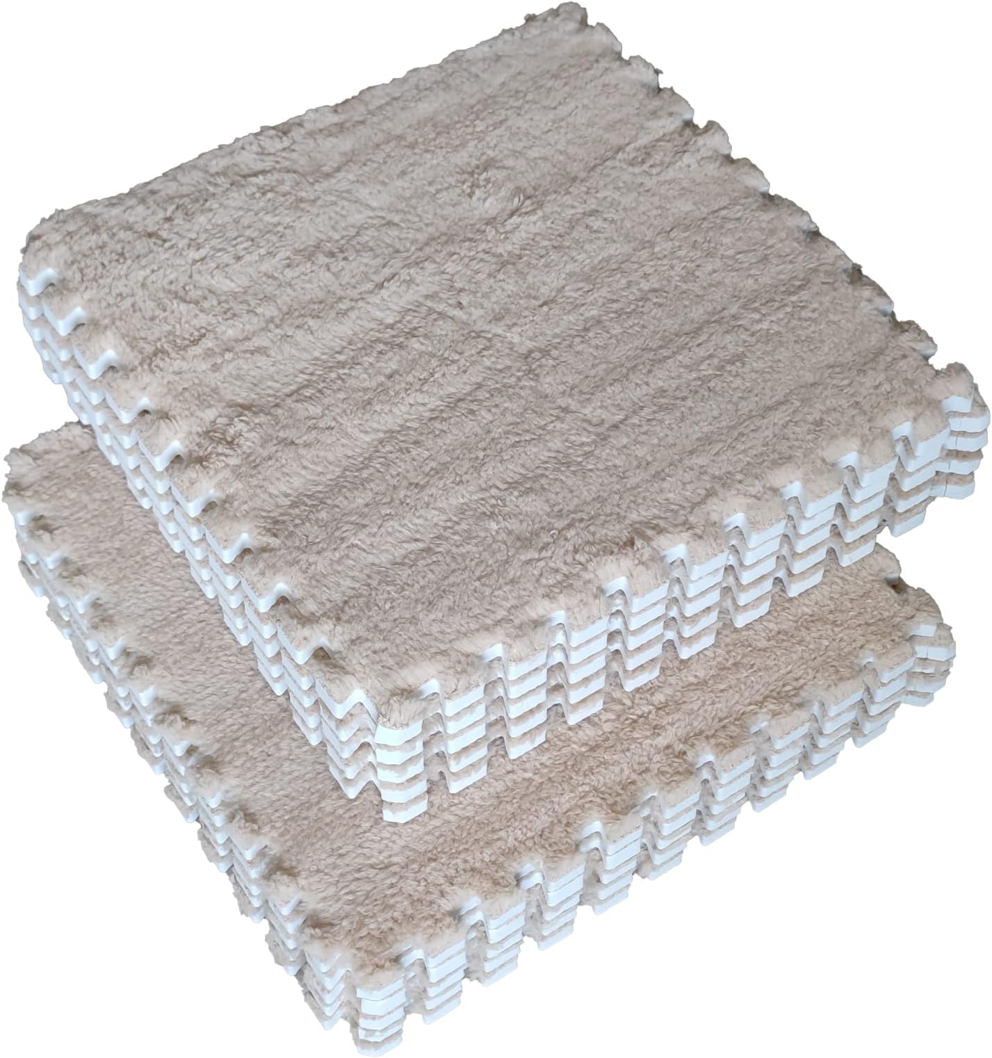 Jaderlu 15pcs 11.8" Modular Interlocking Thick Carpet Shaggy Soft EVA Foam Mats Fluffy Area Rugs Bedroom Protective Floor Tiles Exercise Children Room Play Ground Mats (Khaki)