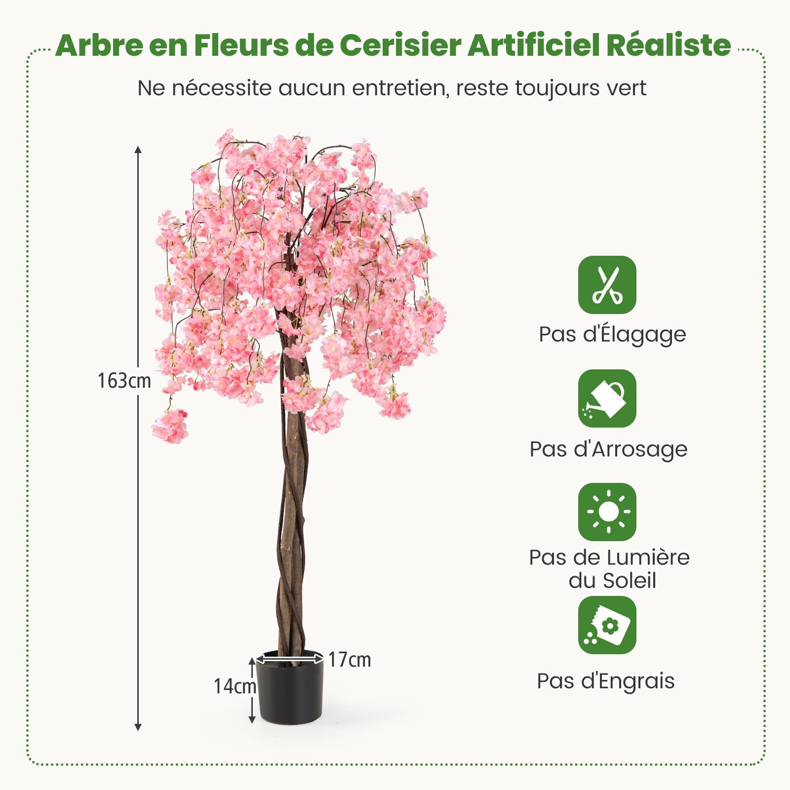 COSTWAY Cerisier Artificiel 163 CM avec Fleurs Roses et Blanches (Rose)