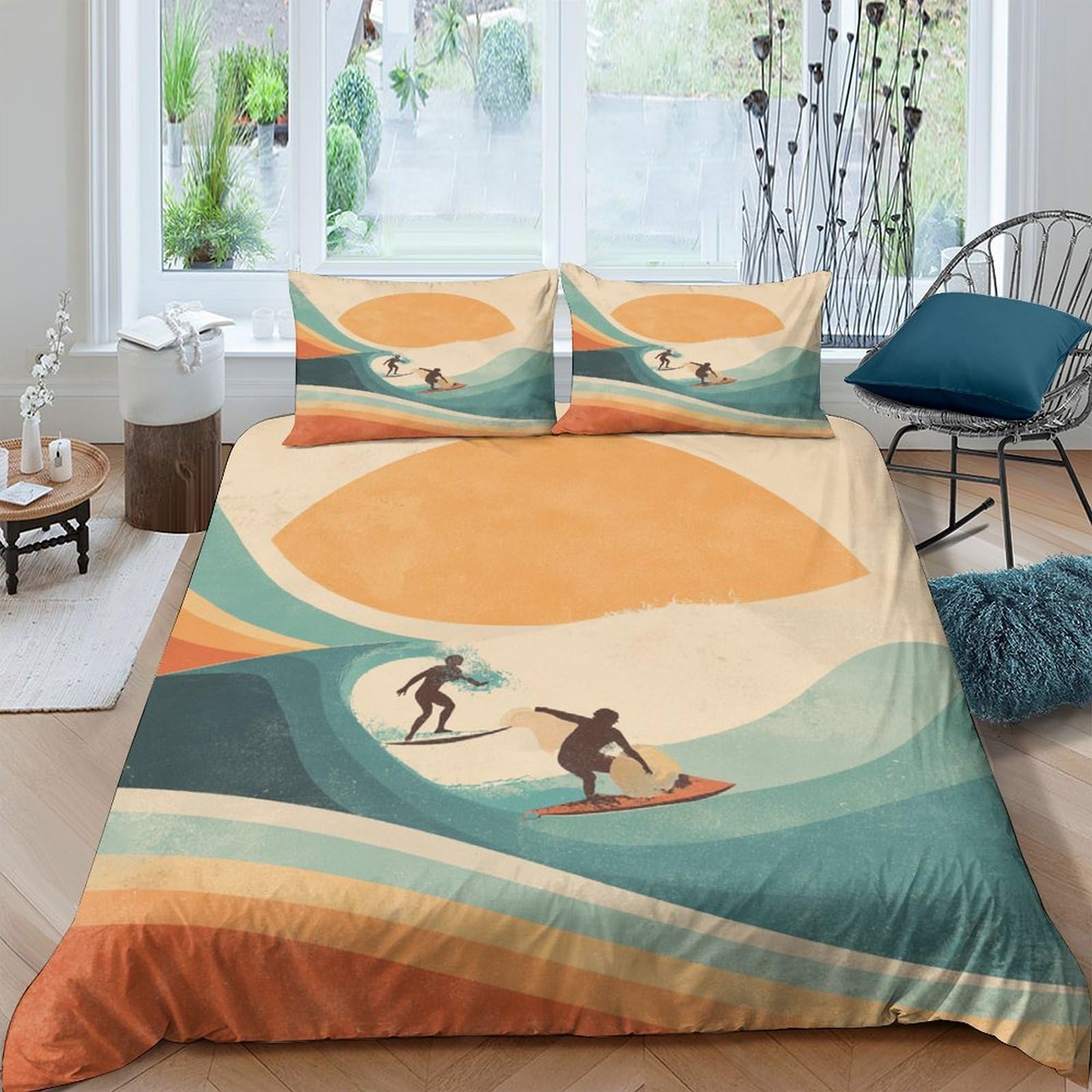 GPLZQXKJNH 3D Printed Sunset Surf Duvet Cover Microfiber Soft Breathable Ocean Wave Bedding Set with 2 Pillowcases for Bedroom Decor Single（135x200cm）