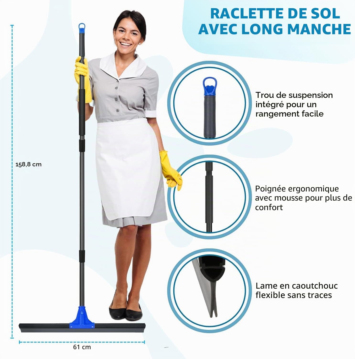 Raclette de sol pour le nettoyage du béton et du carrelage, 60 cm, grande raclette d'extérieur robuste pour terrasse, terrasse, salle de bain, verre, fenêtre, marbre