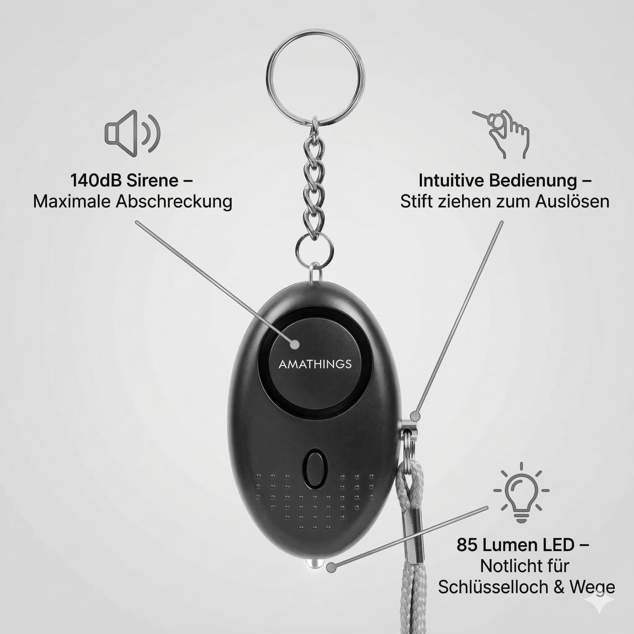 AMATHINGS Set di 2 allarmi tascabili [140dB deterrente] – Braccio panico mobile per portachiavi e borsa – aiuto immediato con luce LED – Protezione comprovata per donne, bambini e anziani – Nero