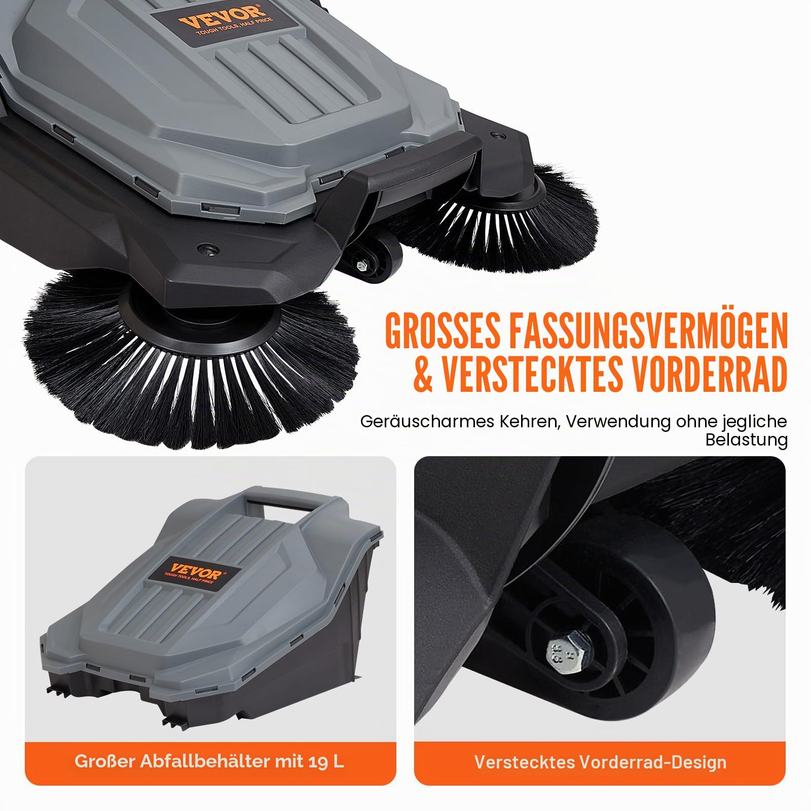 VEVOR Bodenkehrmaschine, mechanischer Kehrbesen mit 65 cm Kehrbreite, nicht elektrischer Handbesen, Abfallbehälter 18,9 L, klappbarer Griff mit einstellbarem Winkel und Höhe für Einfahrt und Hof