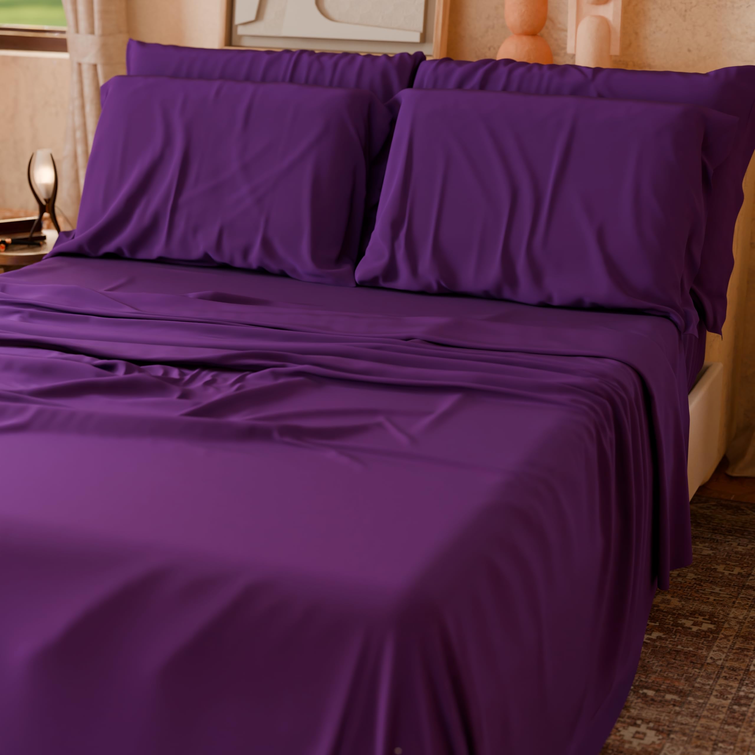 PETTI Artigiani Italiani - Parure de lit 4 pièces pour lit Double, Douce et Respirante, Comprenant Drap Plat, Drap-Housse et 2 taies d'oreiller, Coloris Prune