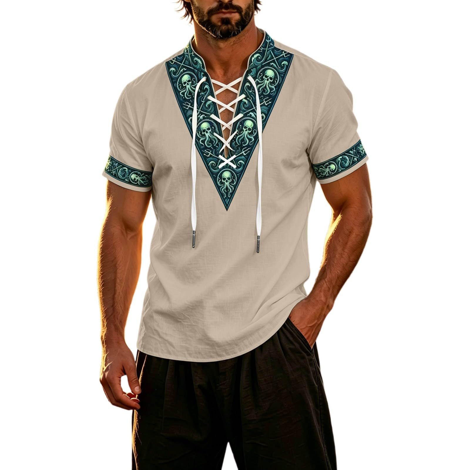 Summer Shirts for Men Short Sleeve Medieval Pirate Scottish Ghillie Shirt — image 1