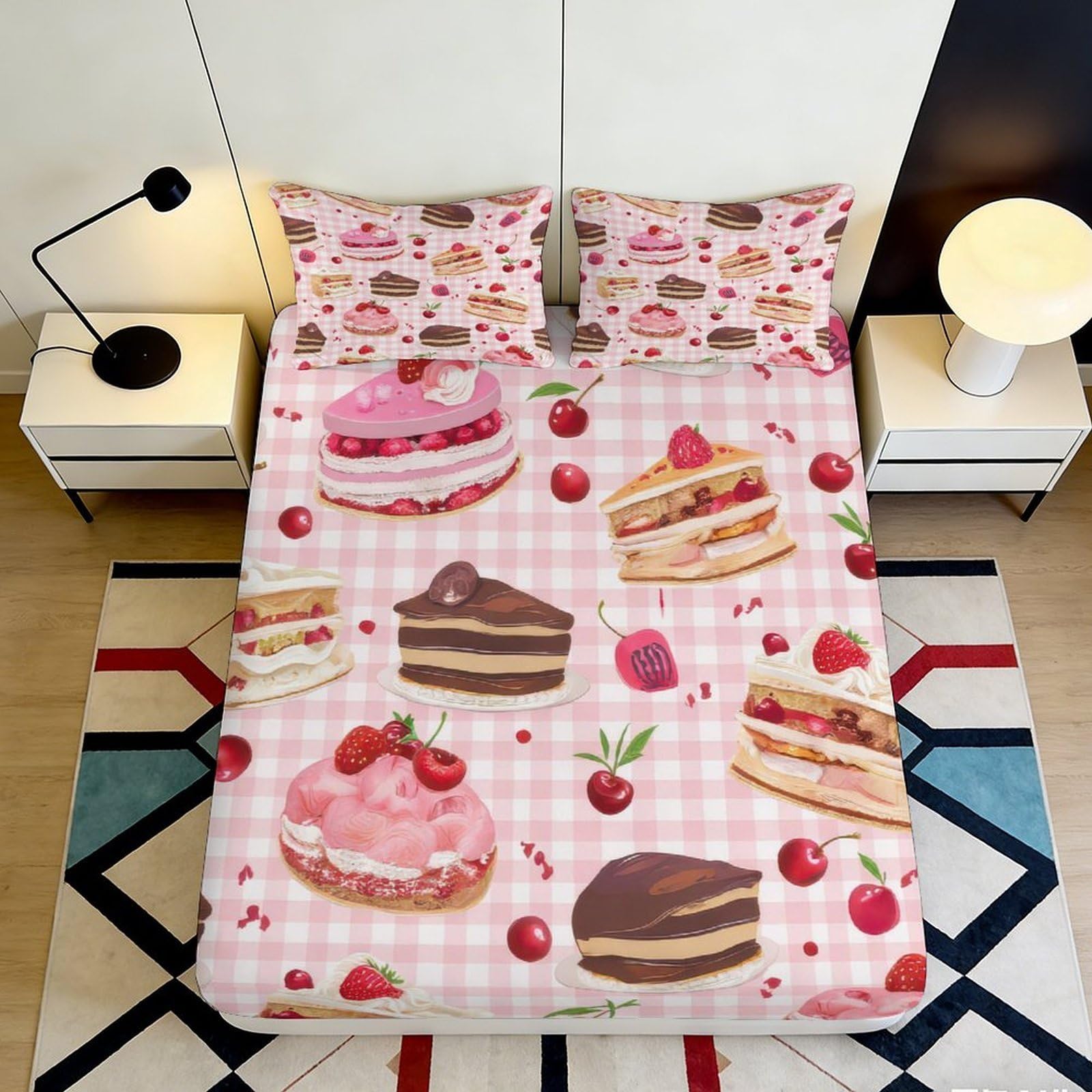 3D Printed Cherry Cake Fitted Sheet Microfiber Soft Breathable Strawberry Dessert Bed Cover for Bedroom Dormitory Guest Room Mattress Protection 200x200x25cm