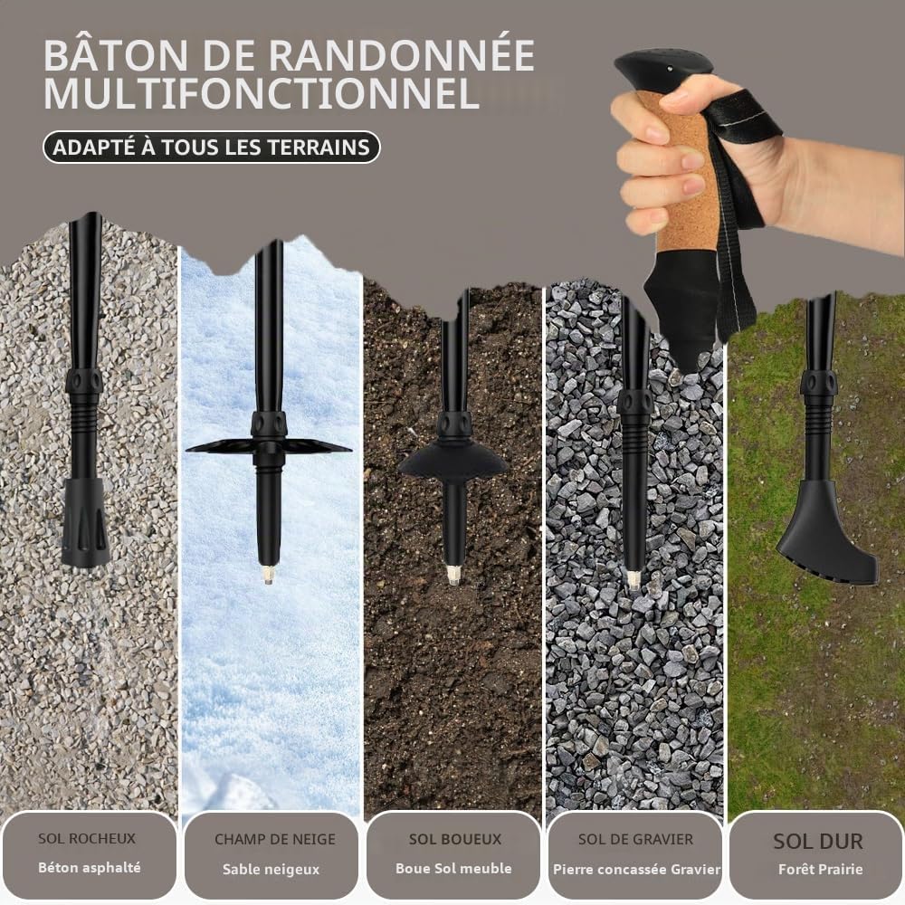 HUINING Bâtons de randonnée avec poignée en liège, pliables, télescopiques, bâtons de marche nordique pour homme et femme, bâtons de trekking, ultra légers en aluminium avec de nombreux accessoires