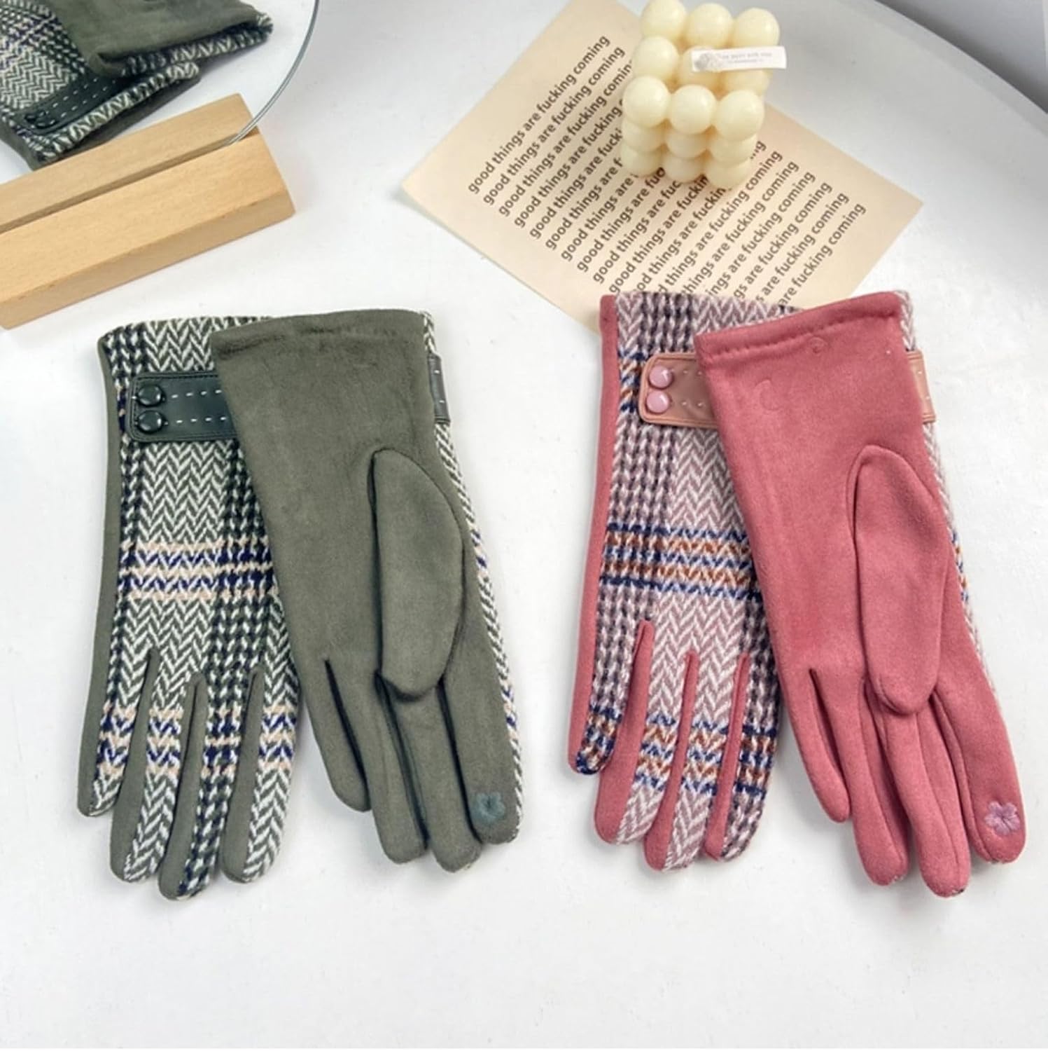 Women Plaid Striped Winter Gloves Touch Screen Fleece Thick Warm Mittens Cold Weather Driving Gloves - Image 3