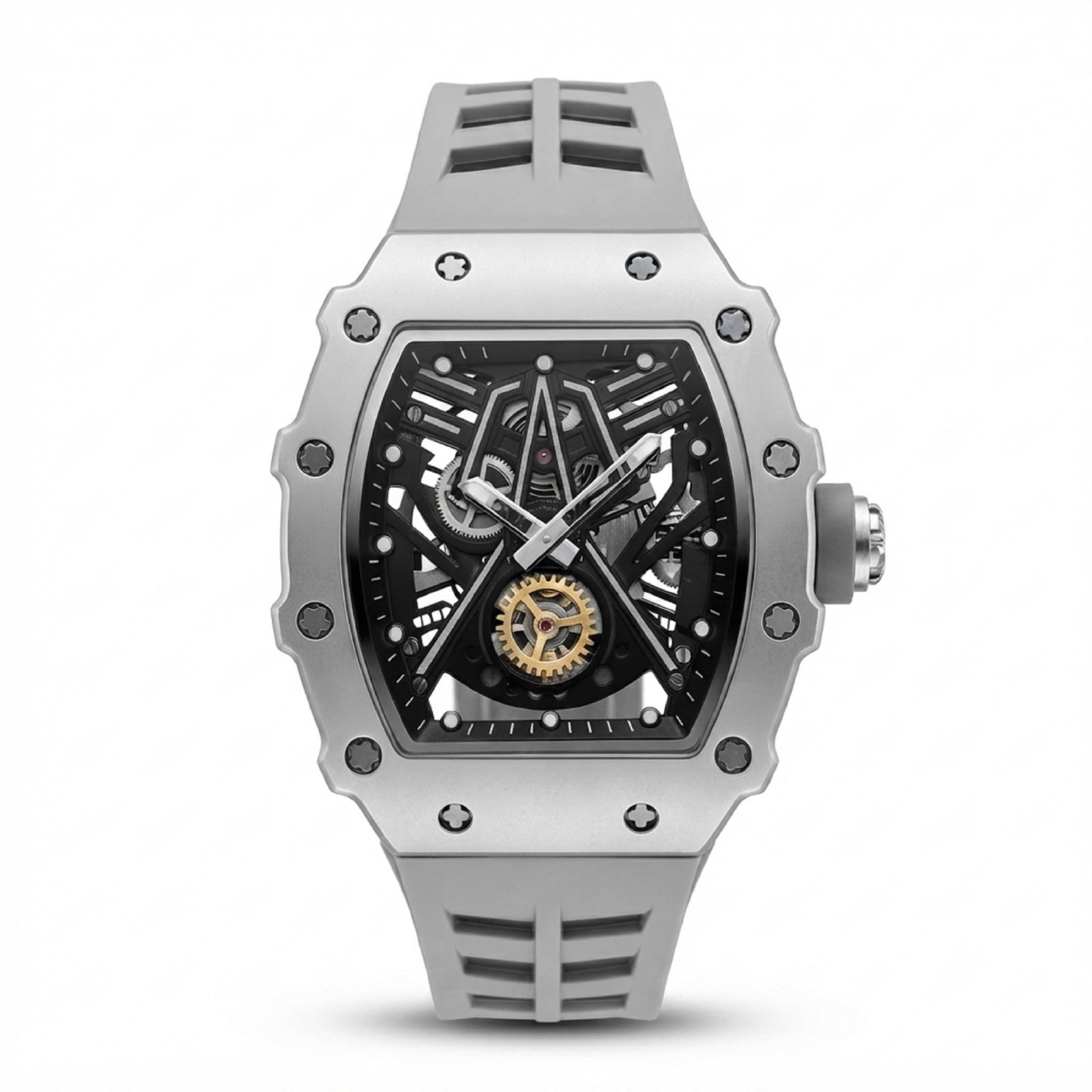Luxury Skeleton Analog Watch for Men | Premium Grey Silicone Strap Quartz Wrist Watch | Designer Tonneau Dial Fashion Watch | Casual Business Party & Sports Wear | Water Resistant Stylish Gift for Men-image-19