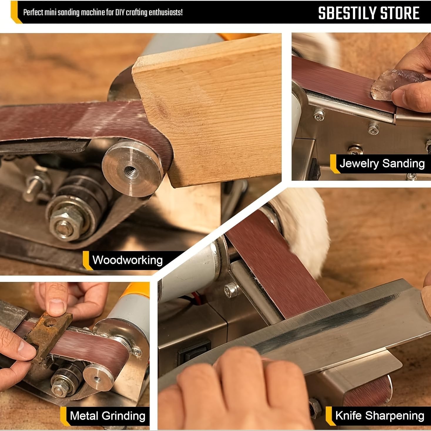 Mini Belt Sander Machine with Polishing Wheels, DIY Sanding Tool for Woodworking, Jewelry, Metal Grinding, Knife Sharpening, Includes Sanding Belts
