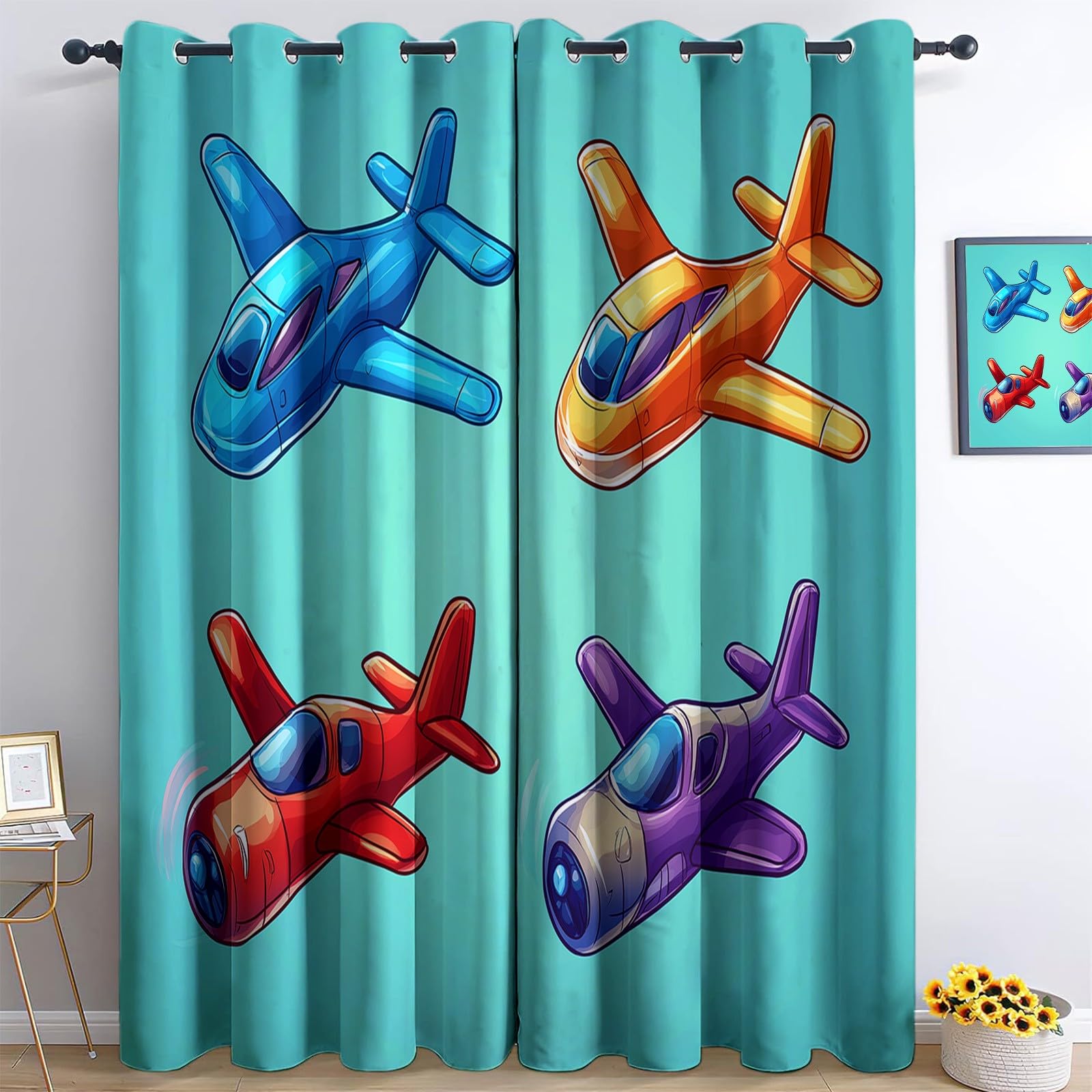 Home Decoration Eyelet Blackout Curtains 29.5 x 65 Inch, Cartoon Fighter Jet Illustration Thermal Insulated Noise Reducing Printed Curtains, Machine Washable Grommet Drapes, Green