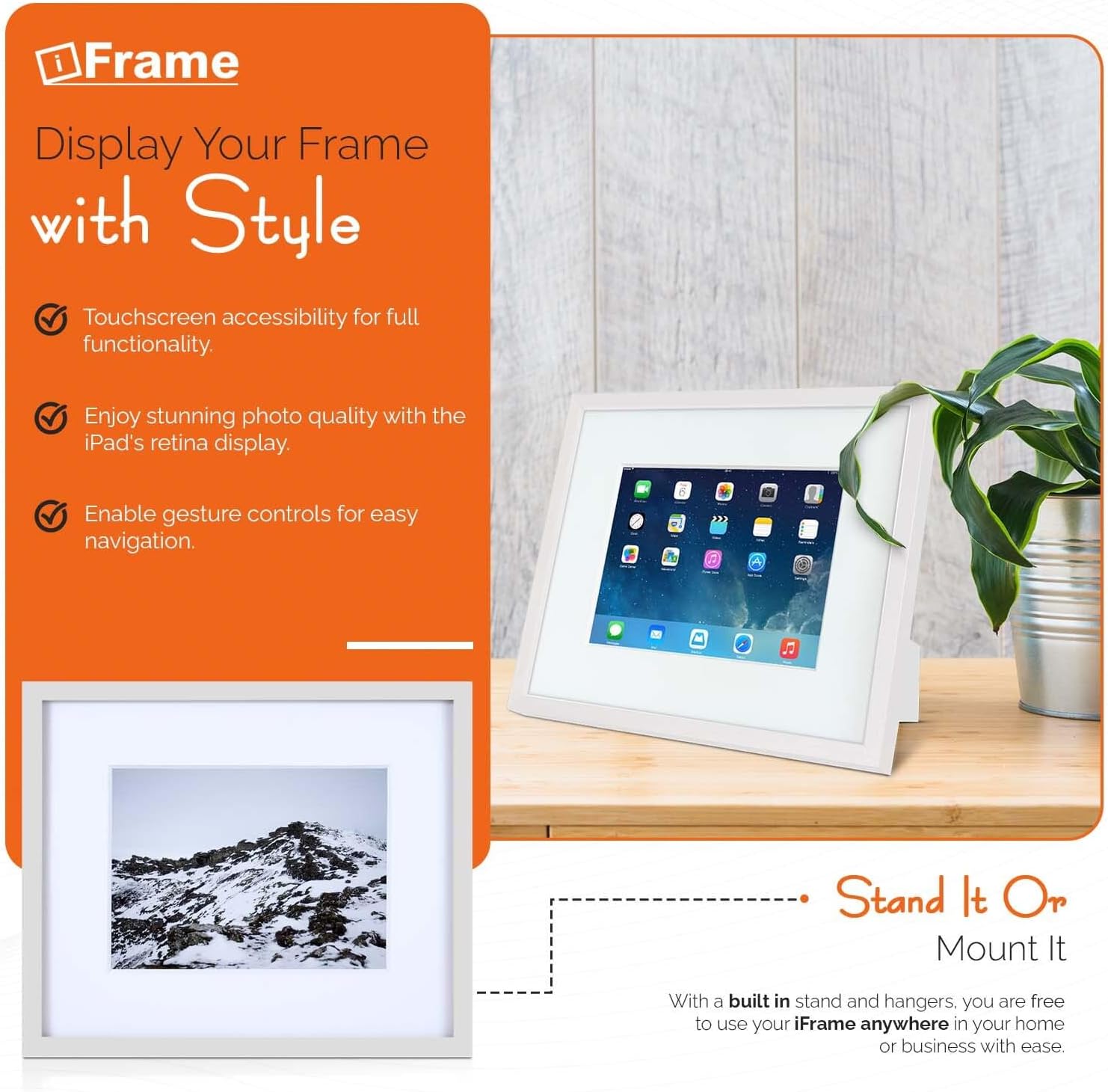 iFrame iPad Frame | Turn Your iPad Into A Beautiful Interactive Digital Picture Frame | Perfect At Home Or Work | Includes Table Stand and Wall Mount for All 9.7” iPads-White