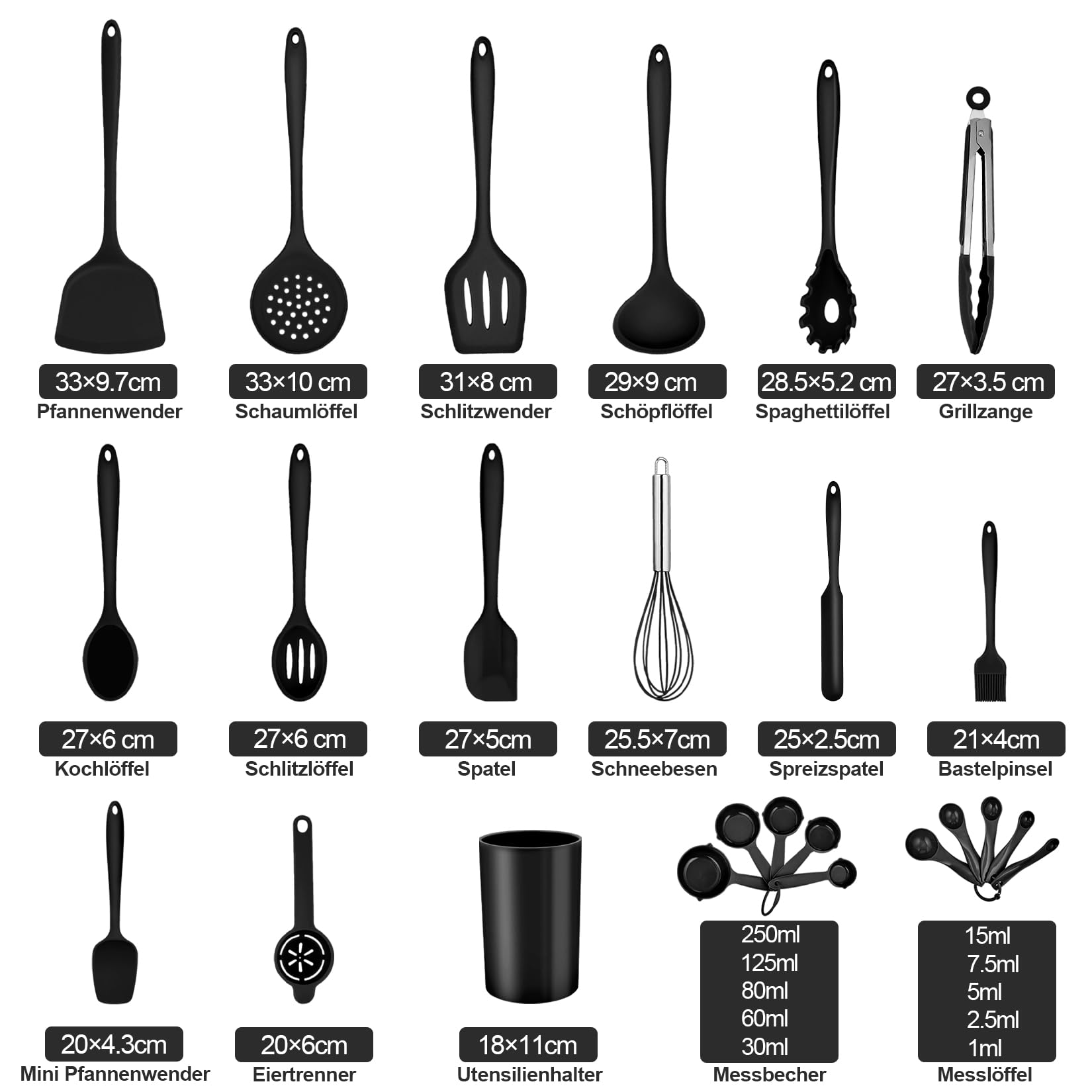 Onader Set di utensili da cucina in silicone, 25 pezzi (25, nero)