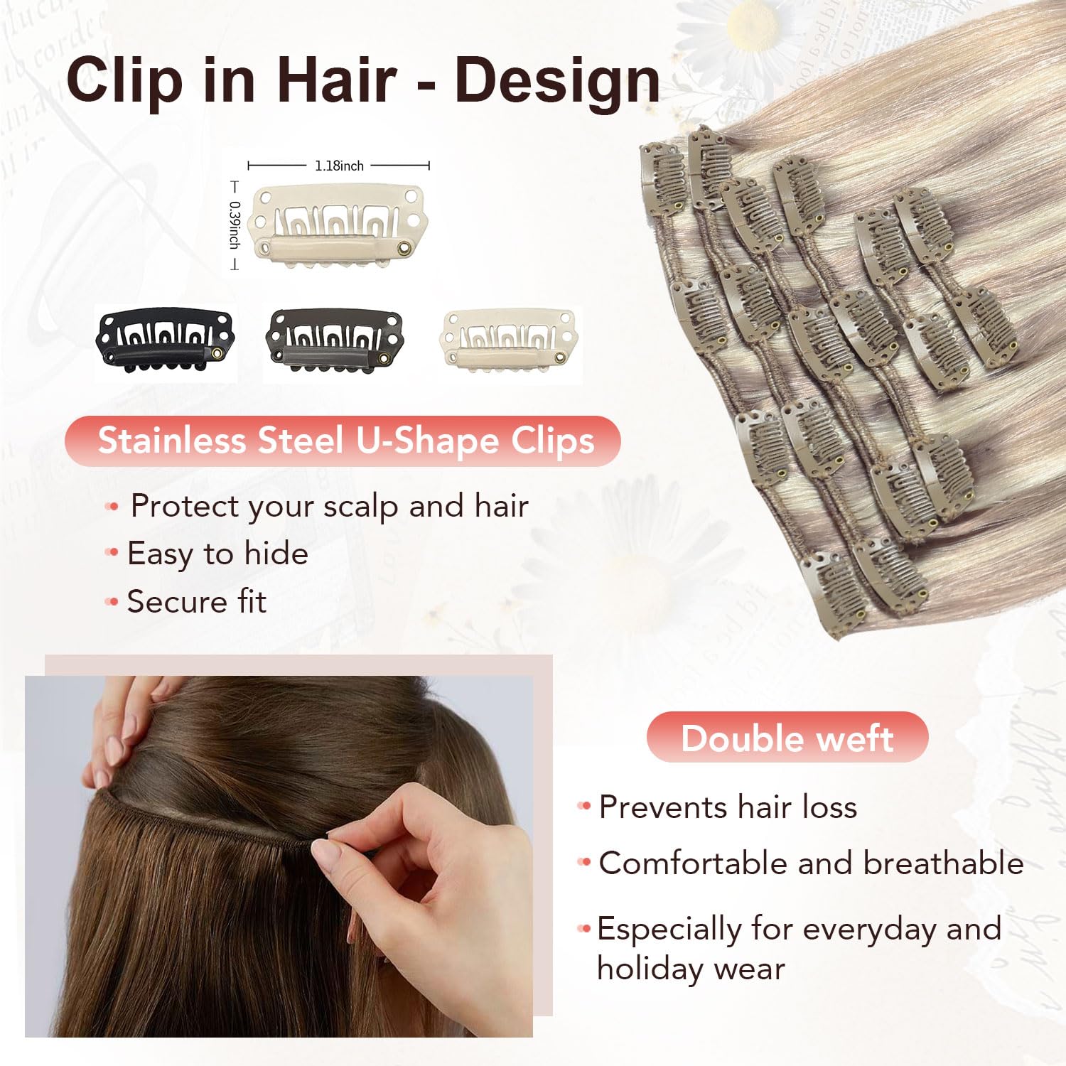 XDhair Clip in Extensions Echthaar Blond Echthaar Extensions | 35cm 100g,Ashblond Highlight Gebleichtes Blond Clip in Remy Haarverlängerungen Echthaar #18P613,14 Zoll 6 Stück