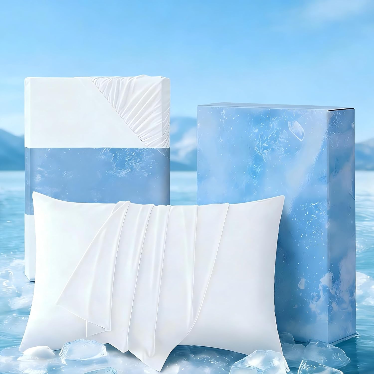 Bedsure Cooling Pillow Cases Bundle Cooling Fitted Sheet King Size for Hot Sleepers Night Sweats, Silky Cold Pillow Covers 20" x 36", King Fitted Sheet Only with 360° Elastic Band, 16" Deep, White