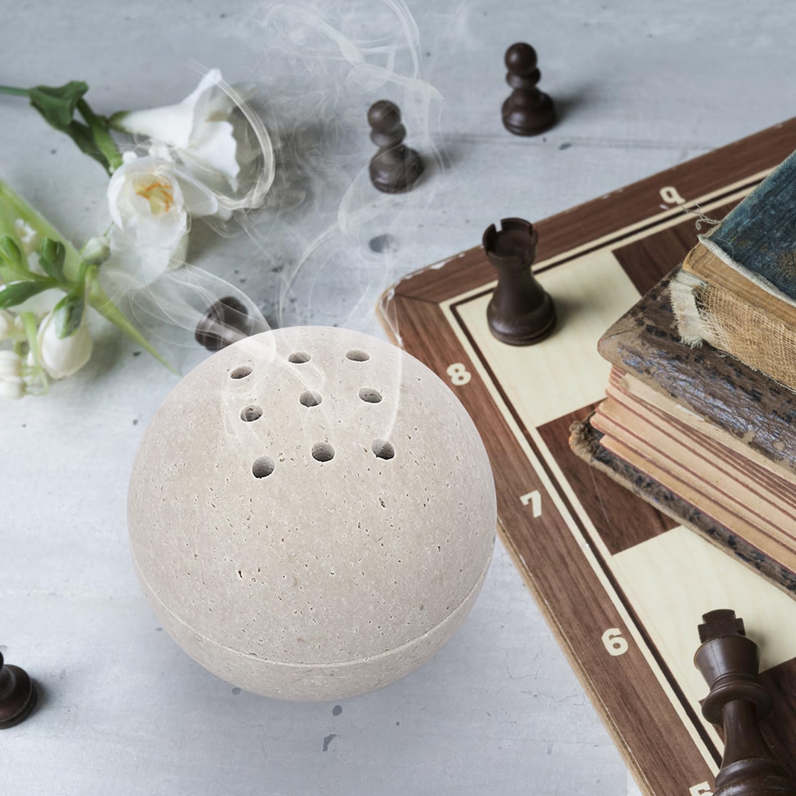 ELLDOO Räucherstäbchenhalter Aus Natürlichem Travertin – Handgefertigte Kugelform Für Meditation & Dekoration
