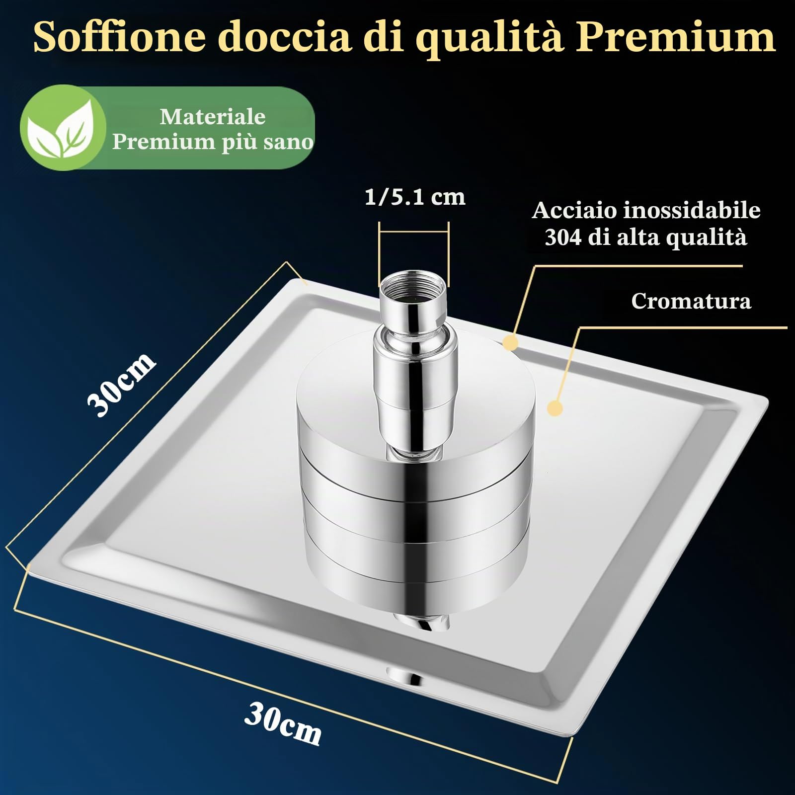 Soffione doccia filtrato, 30cm, soffione doccia di lusso, ammorbidisce l'acqua dura, migliora la condizione della pelle e dei capelli, design integrato con filtro, cromato
