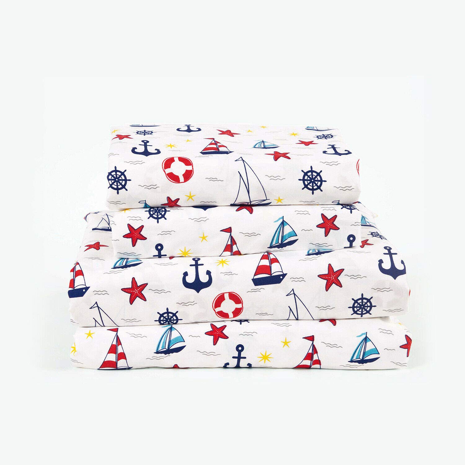HowPlum 4-Piece Sail Day Full Bed Sheet Set Microfiber Deep Pocket Bedding Sailboat Ships Anchor Ocean, Blue Red