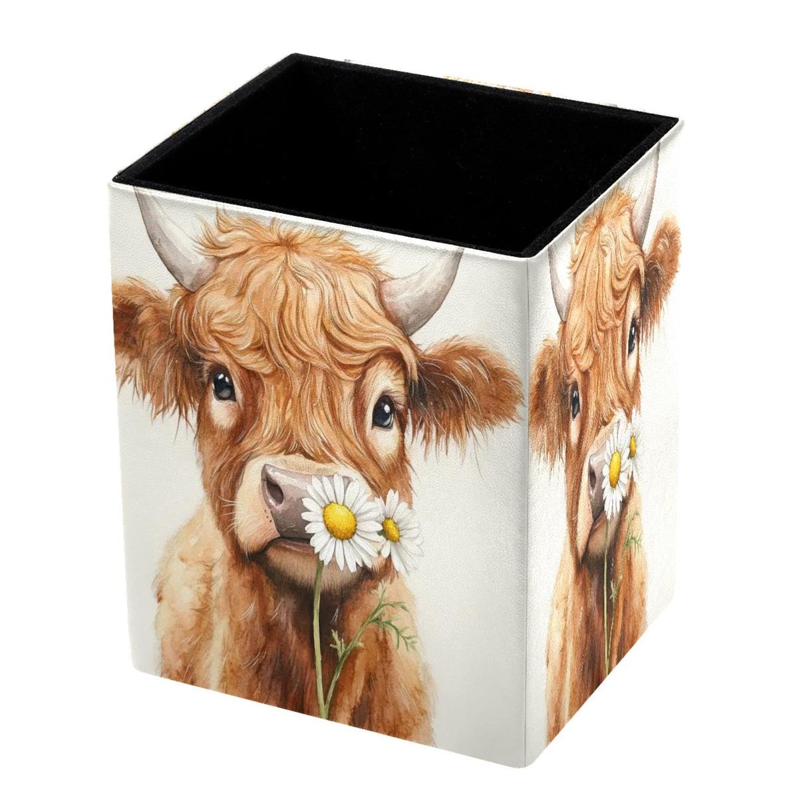 DragonBtu Desktop Pencil Holder, Cow and Daisy Rectangular Pencil Cup, Pencil Storage Bag Office Desk Supplies Case for School, Kids