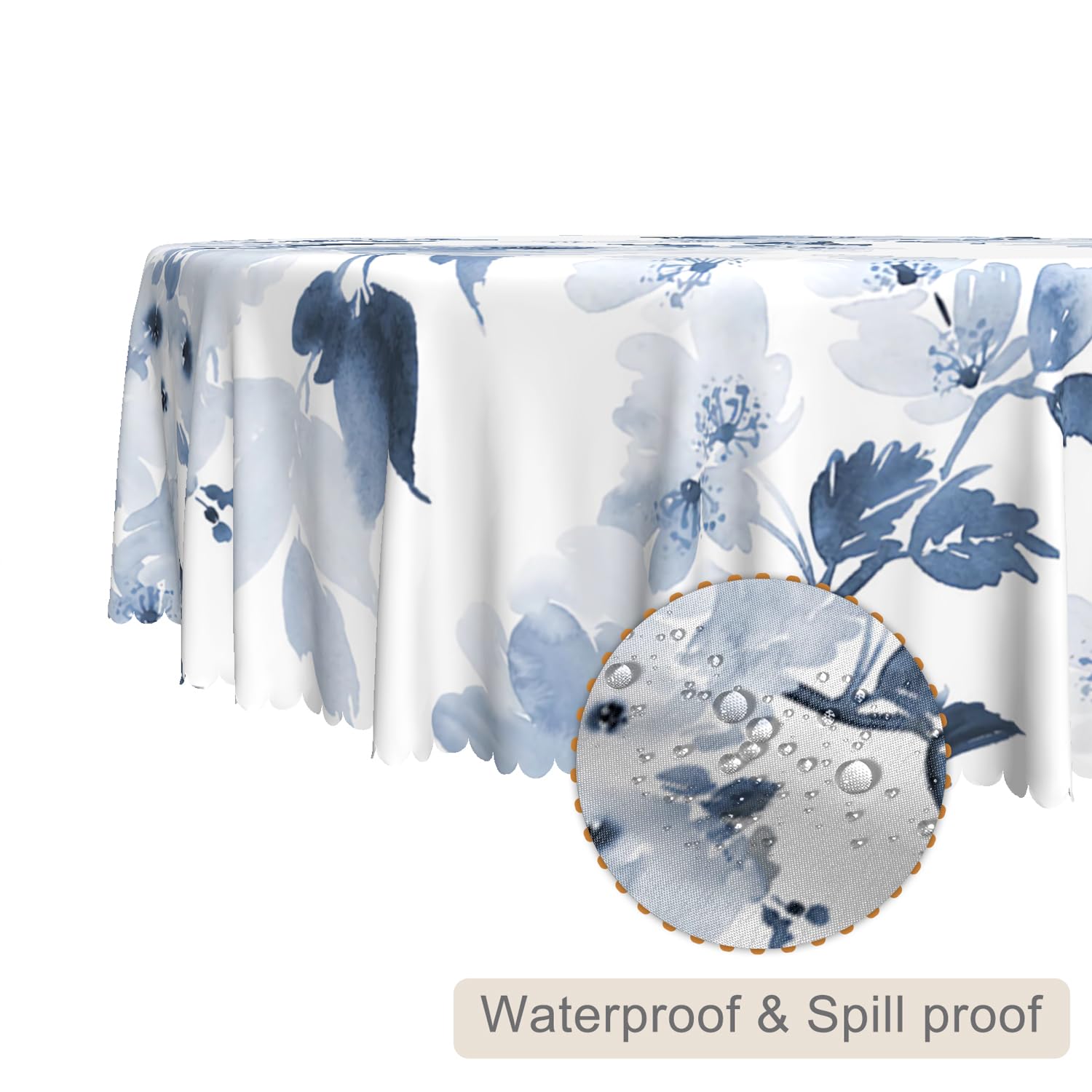 Mantel redondo floral azul acuarela de 60 pulgadas, estampado de flores azul marino y blanco, mantel circular de arte moderno, mantel de tela impermeable para el hogar, cocina, comedor, patio,