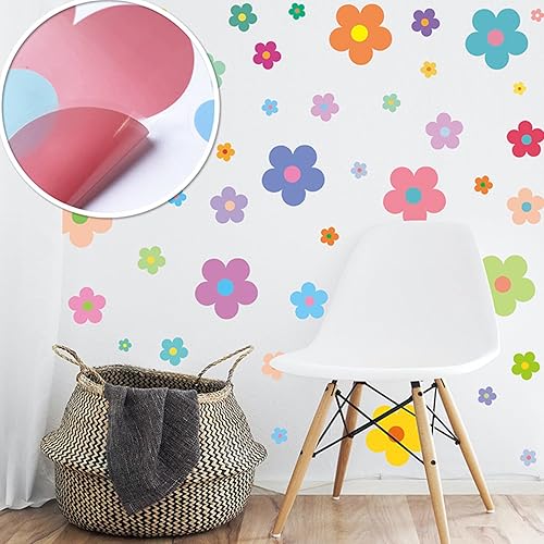 Miniatura 3 de Calcomanías de pared de flores bonitas, 9 hojas de calcomanías de pared de flores coloridas, calcomanías florales estéticas autoadhesivas para