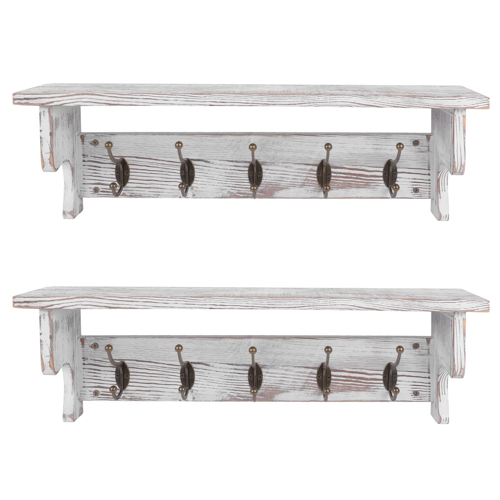 Coat Rack Wall Mount with Shelf, 26 Inch Rustic Wooden Entryway Shelf with 5 Hanger Hooks, Farmhouse Mounted Solid Pine Floating Wall Shelf for Kitchen Bathroom Mudroom Living Room, Set of 2