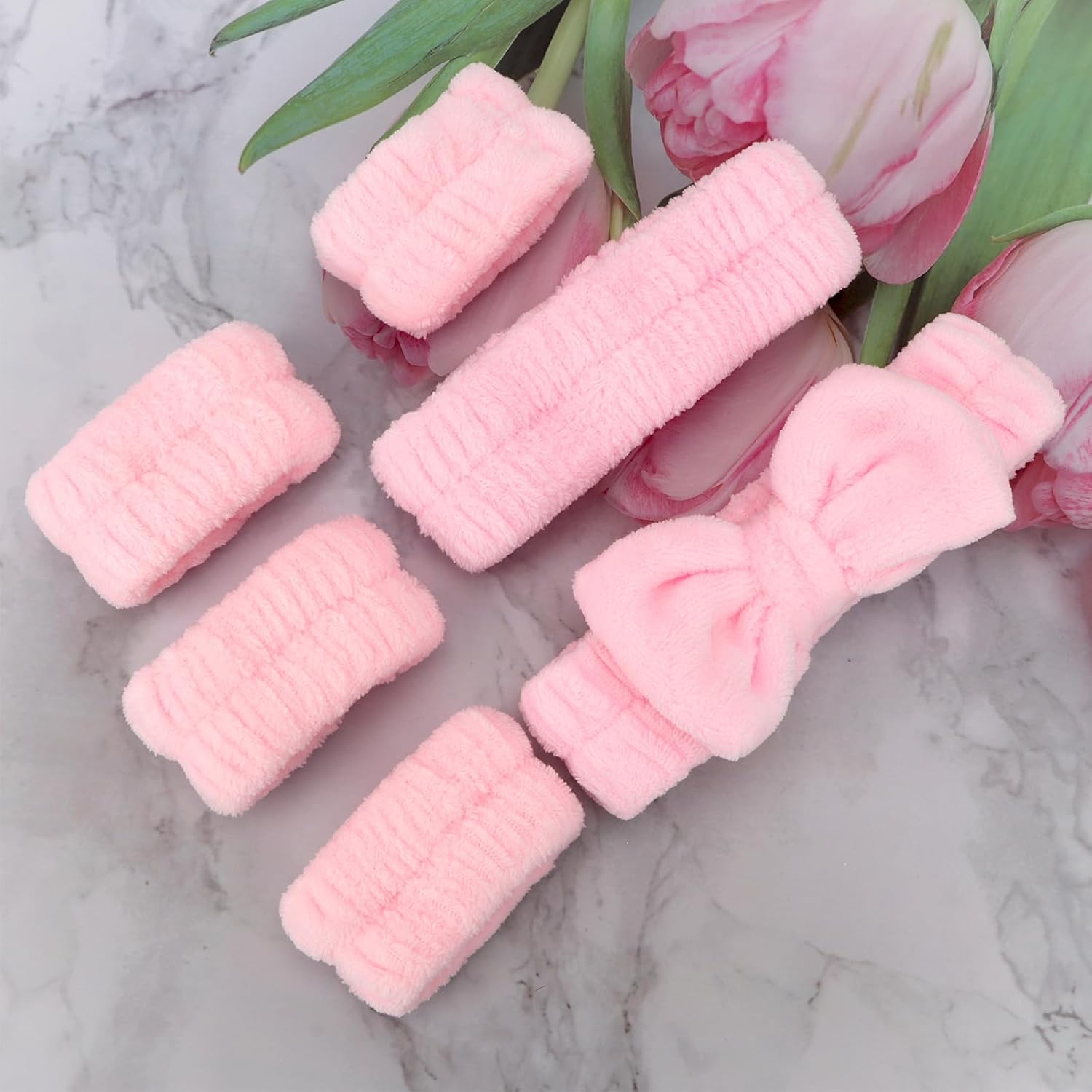 WHAVEL 6PCS Spa Headband and Wristbands Set, Face Wash Headband Wrist Bands for Washing Face Terry Cloth Hairband Makeup Skincare Hair Band Skin Care Accessories Tools,Pink - Image 7