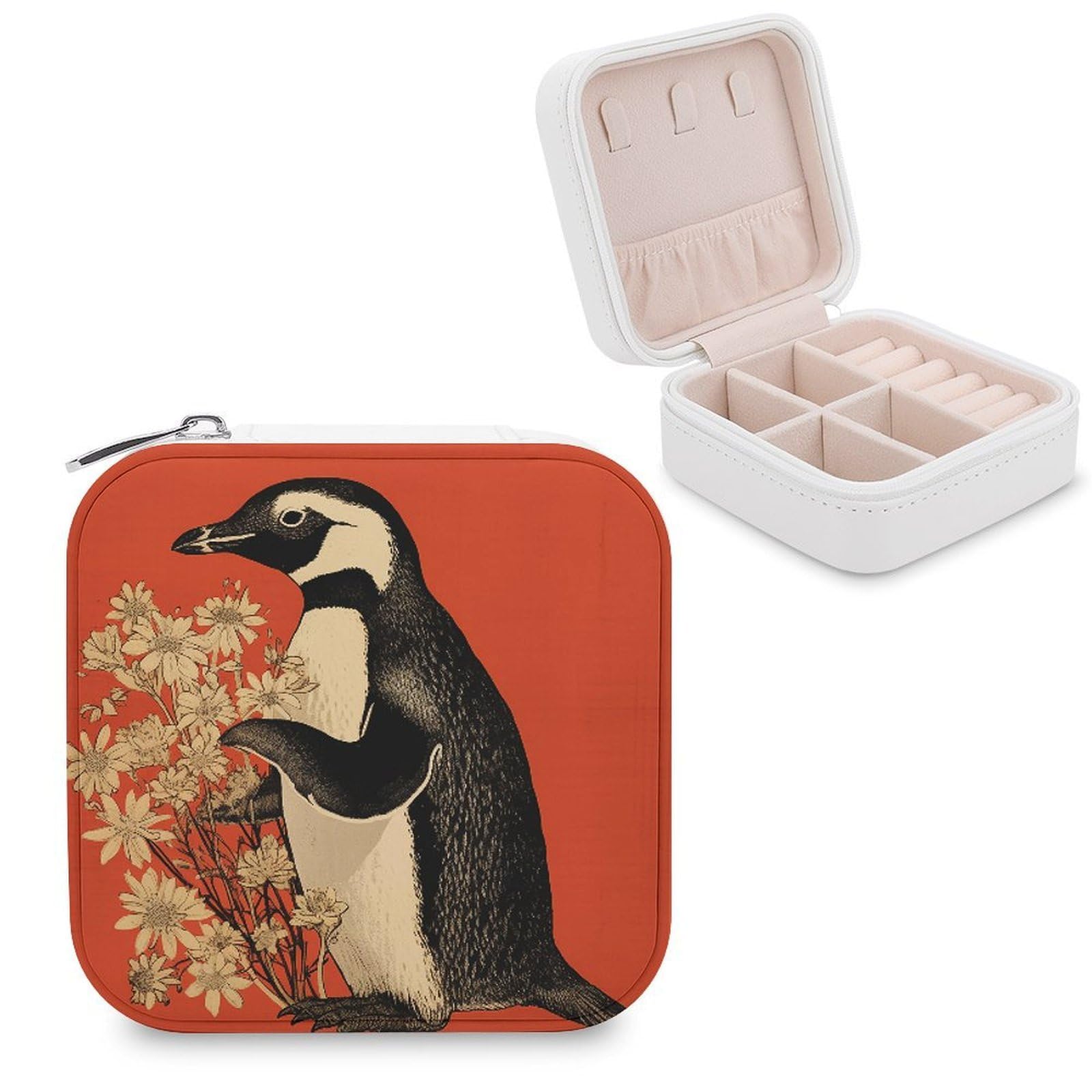 FekiLoot Penguin Holding Flower Jewelry Case Personalized Leather Jewelry Box Mini Travel Jewelry Case Small Portable Jewelry Organizer for Ring Earrings Necklace Bracelet