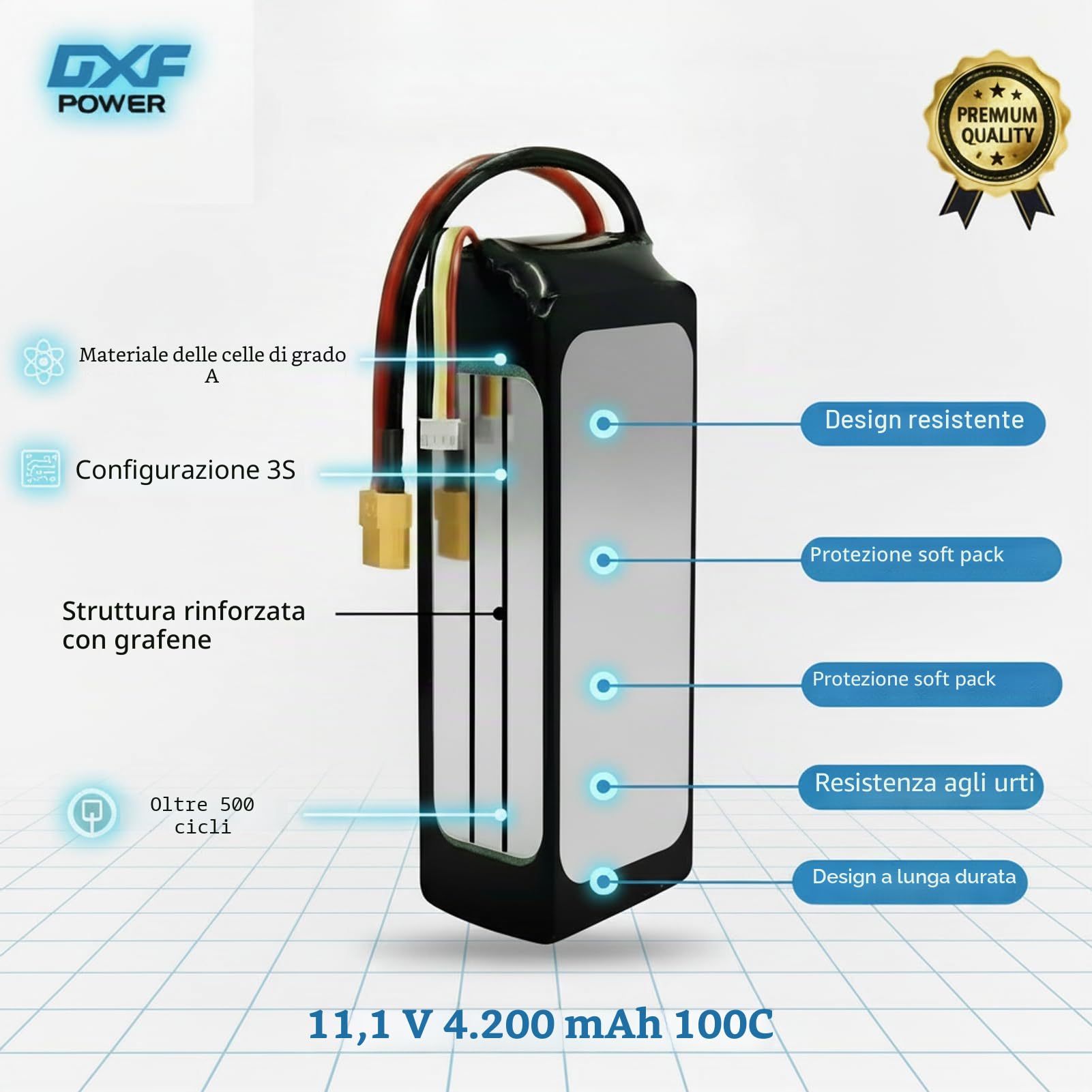 DXF Batteria LiPo 3S 11.1V 4200mAh 100C Spina XT60 Auto RC 1/8 1/10 Truck Buggy Monster Jam Compatta Leggera Potente Gare Racing Modellismo 2 Pezzi