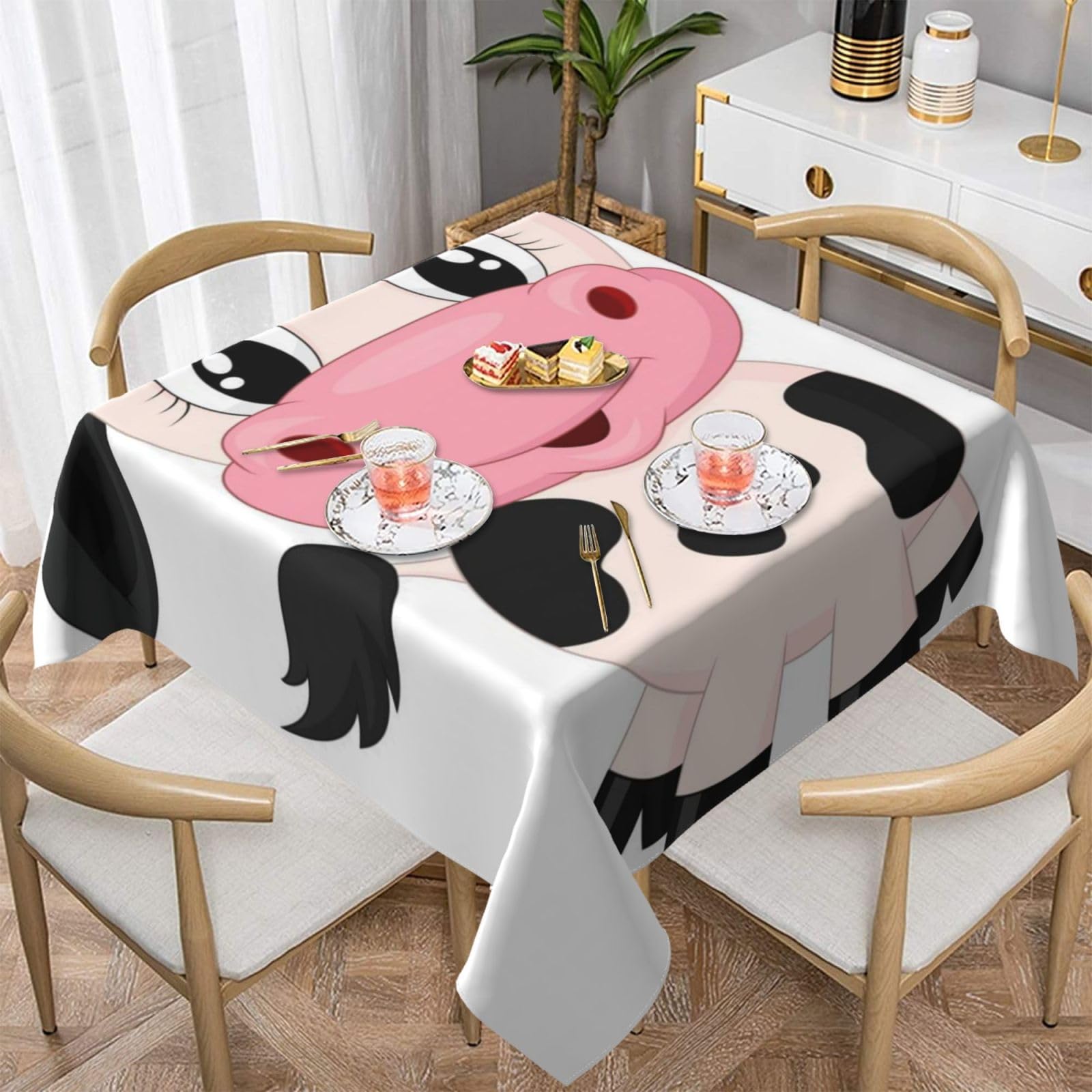 DCEHGEW Cartoon Milk Cow Prints Square Tablecloth 137x137 CM, Waterproof Fabric Table Cloth for Dining Table, Farmhouse Table Cover for Kitchen Dining Tabletop Decoration