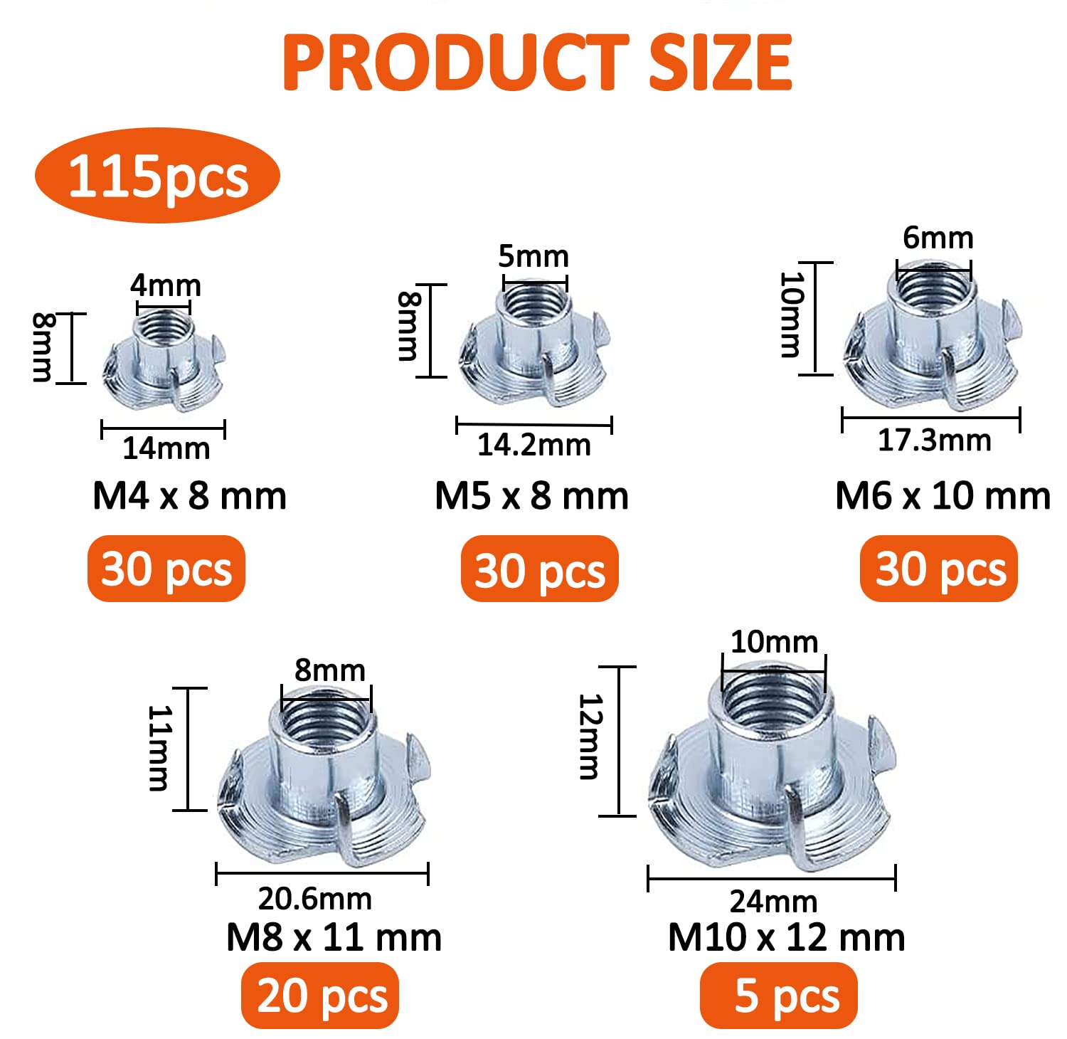 WeqeYent 115 Pcs M4/M5/M6/M8/M10 Four Pronged T Nuts Kit, Metal Claw