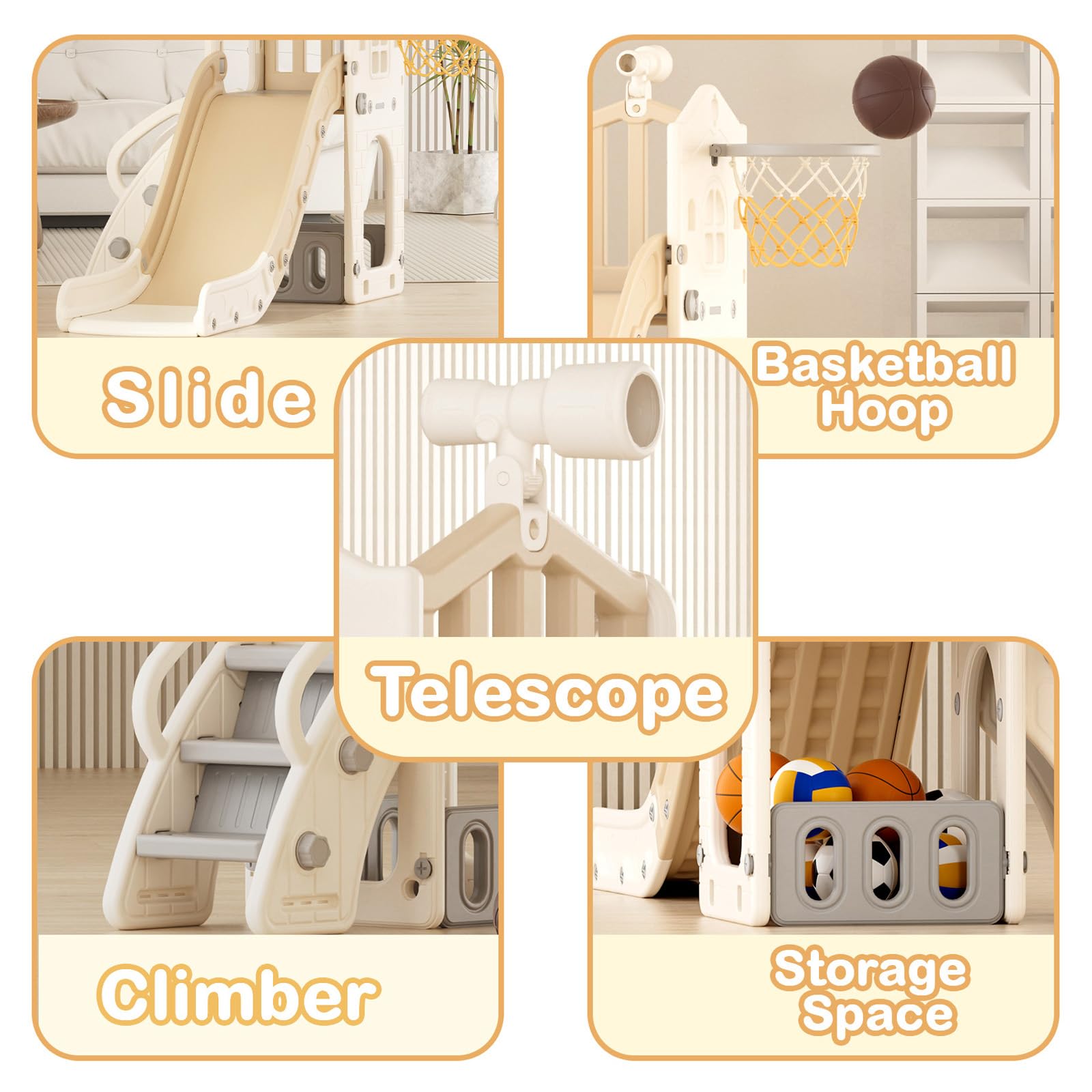 KORIMEFA Tobogán Infantil 5 en 1 con Canasta Plegable y balón de Baloncesto, Pequeño tobogán Infantil Toboganes Independientes para niños y niñas a partir de 1 año, para uso interior y exterior (Café)
