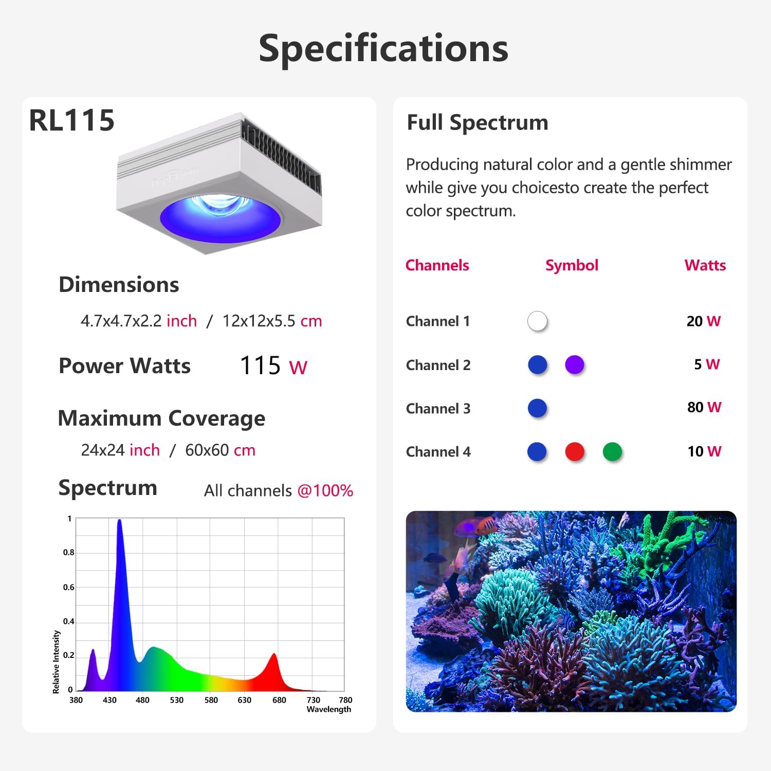 PopBloom RL115 WiFi Aquarium LED Beleuchtung 115W, Vollspektrum Aquarium Lampe, Salzwasser LED Beleuchtung für Reef Coral Fish Wasserpflanzen Salzwasser Aquarium,APP unterstützt Deutsch