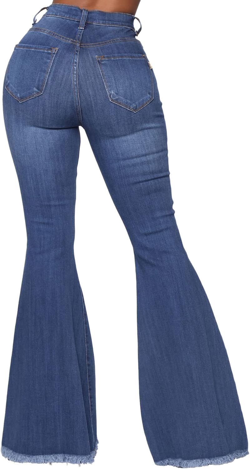 Women's Fashion Bell Bottom Pants High Waist Tassel Stretch Curvy Fit Jeans Blue - Image 2