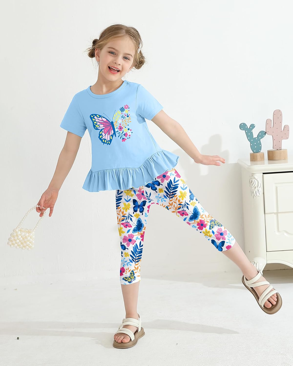 CARETOO Toddler Girl Clothes 2pcs Girl Spring Summer Outfit Ruffle Hem Short Sleeve Top and Floral Capri Pant 2-7 Years - Image 2