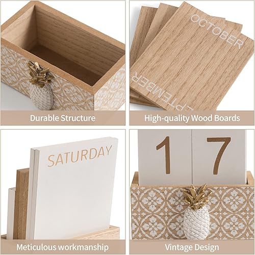 Miniatura 4 de Calendario de bloques para escritorio, calendario perpetuo de escritorio de madera, regalo diario, bloques de madera vintage para el hogar, granja,