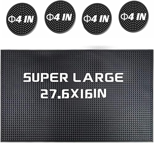 IMIYOKU Juego de 5 tapetes de bar y posavasos de goma negra de 0.4 in de grosor, 24 x 12 pulgadas, con 4 posavasos de barra de diámetro de 4