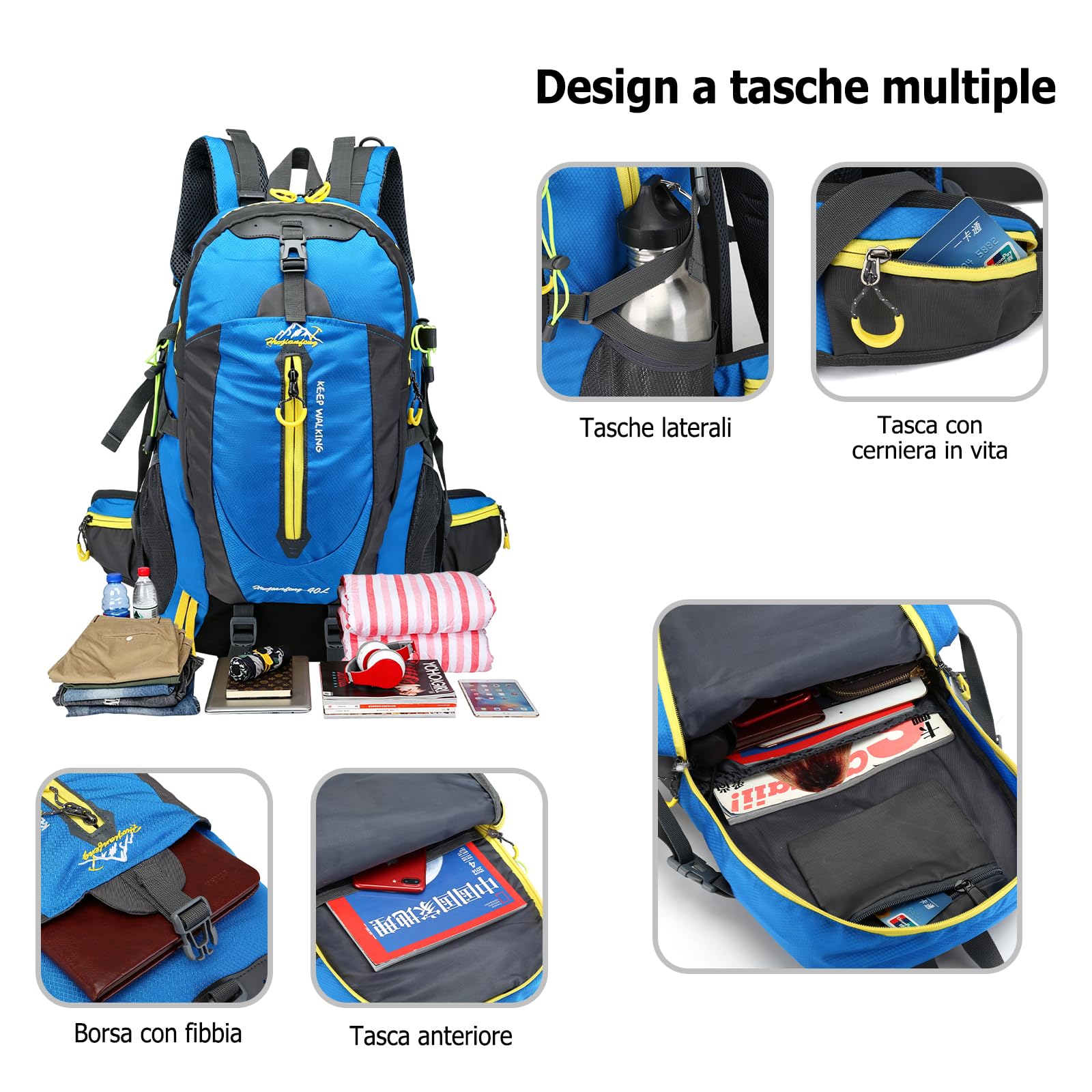 Zaino da Escursionismo 40L Zaino Giornaliero Traspirante Zaini Outdoor Impermeabile Backpack Resistente in Nylon per Campeggio Viaggi Rosso