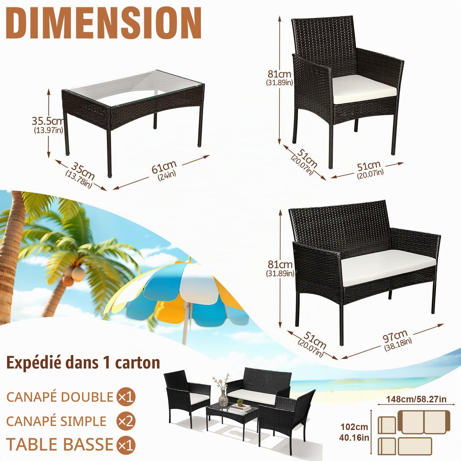 Ensemble de meubles de jardin 4 pièces en rotin synthétique avec table en verre, 2 fauteuils et canapé 2 places, salon compact avec coussins de 5 cm pour balcon, terrasse, jardin, noir