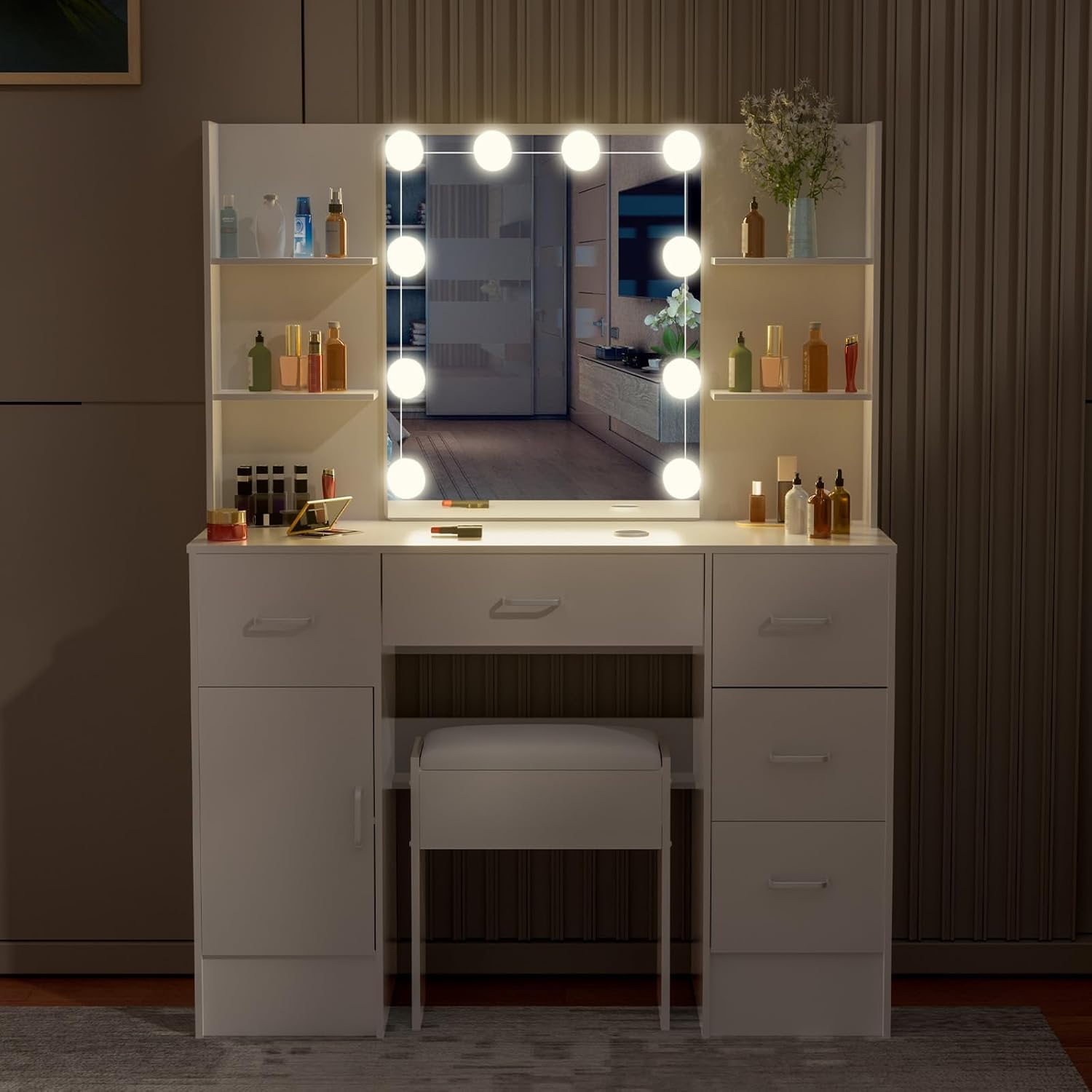 39" Bedroom Dressing Table with Mirror and Stool, Vanity Table with Lights, Storage Cabinet, 5 Drawers & Shelves, White Vanity Desk and Chair Vanity Table Set for Teen Girls Women, Large H3182