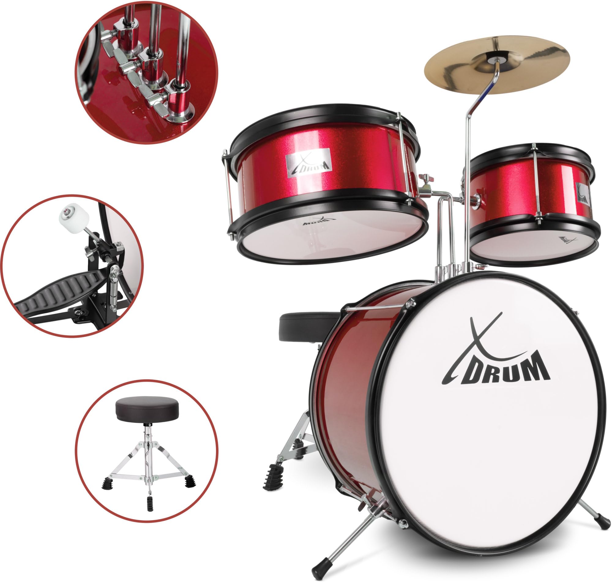 XDrum Junior KIDS Schlagzeug inkl. Schule - Kompaktes Kinderschlagzeug - Für Kinder im Alter von 3-5 Jahren - Kinderleichter Aufbau - Mit Schule, Hocker, Drumsticks & Stimmschlüssel - Rot
