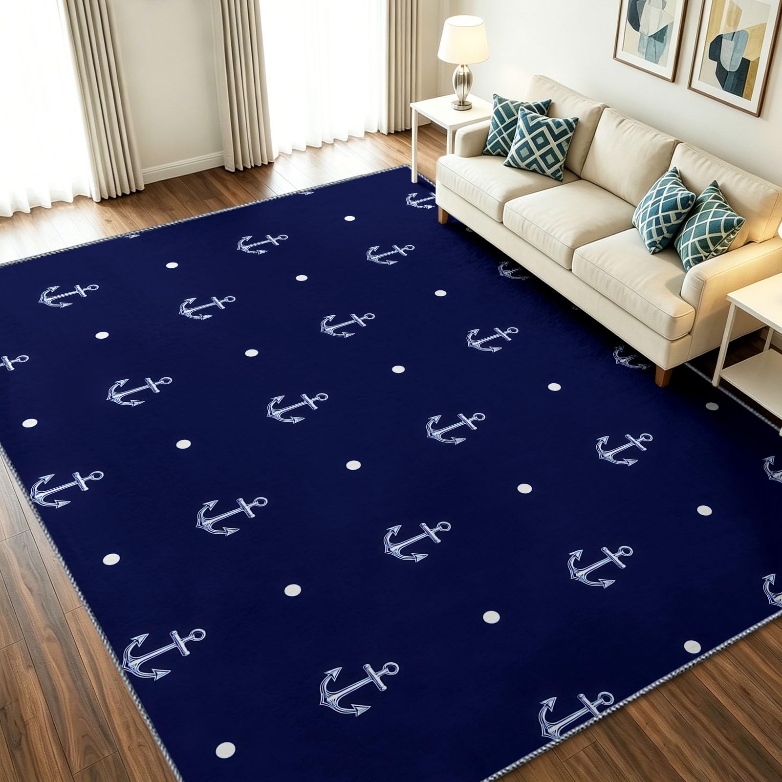 Felpudo interior 90 x 150 cm alfombra lavable antideslizante con patrón de ancla minimalista náutico